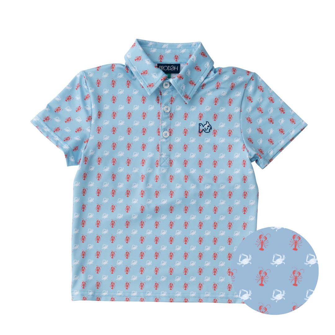 Men's Light Blue Short Sleeve Performance Polo Shirt with Crab & Lobster Print - Perfect for Golf, Boating & Summer Outdoor Activities