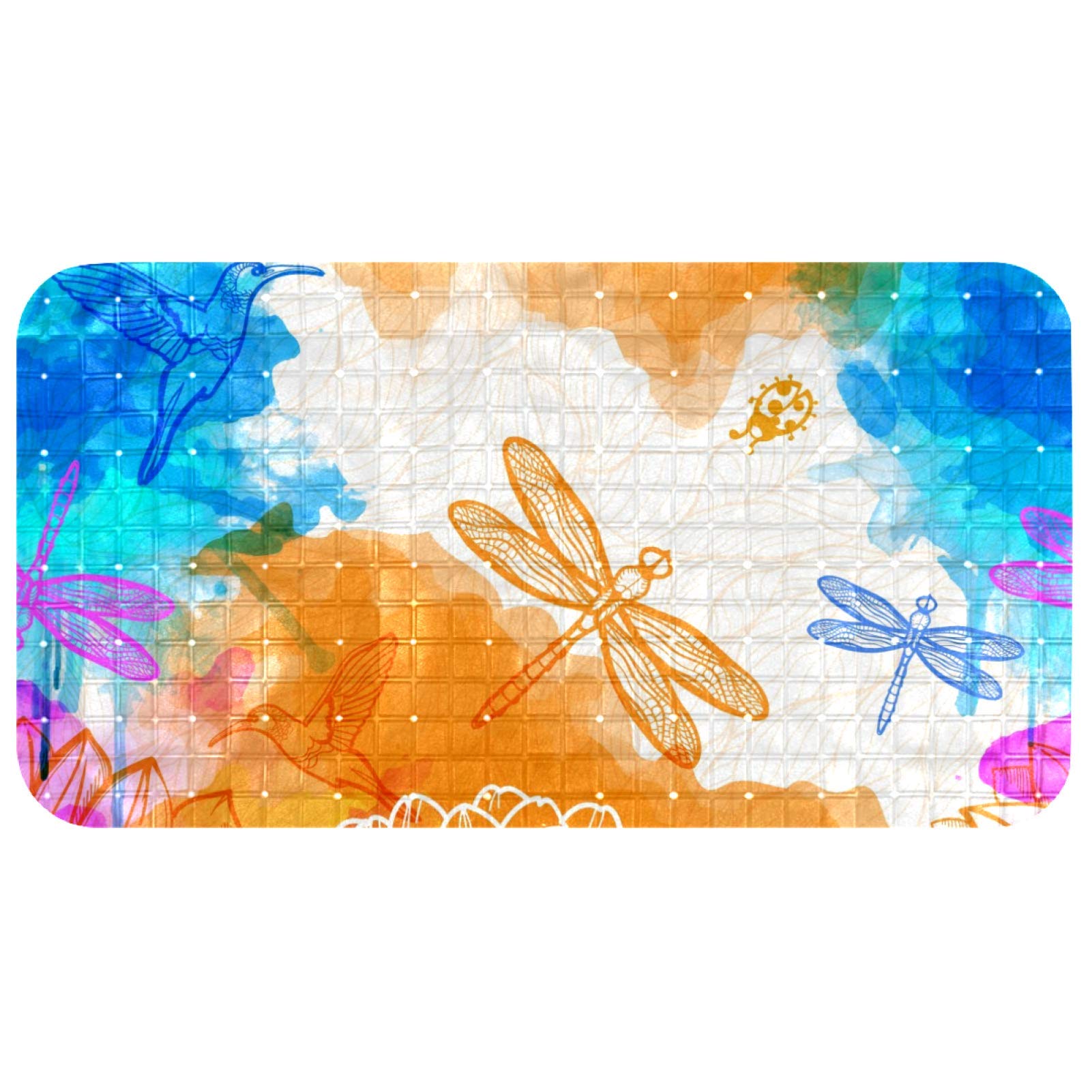 Non-Slip Shower Mat with Drain Holes & Suction Cups - 14.7x26.9 Inch Long Bathtub Mat for Adults & Kids, Dragonfly Design Bathroom Floor Mat - Perfect for Wet Showers, Tubs & Bathroom Safety