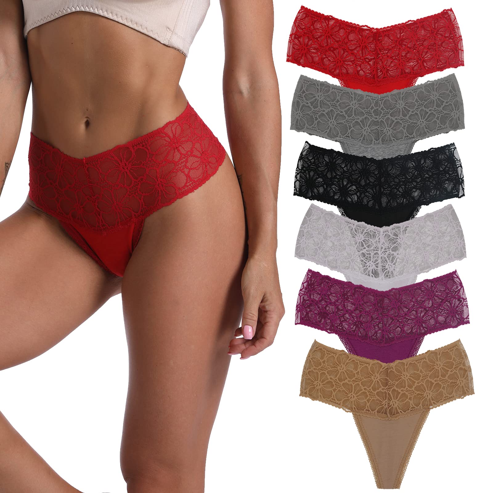 Delcroix Women's Cotton Lace Thong Underwear - 3 Pack Soft Breathable Panties for Everyday Comfort & Sexy Occasions