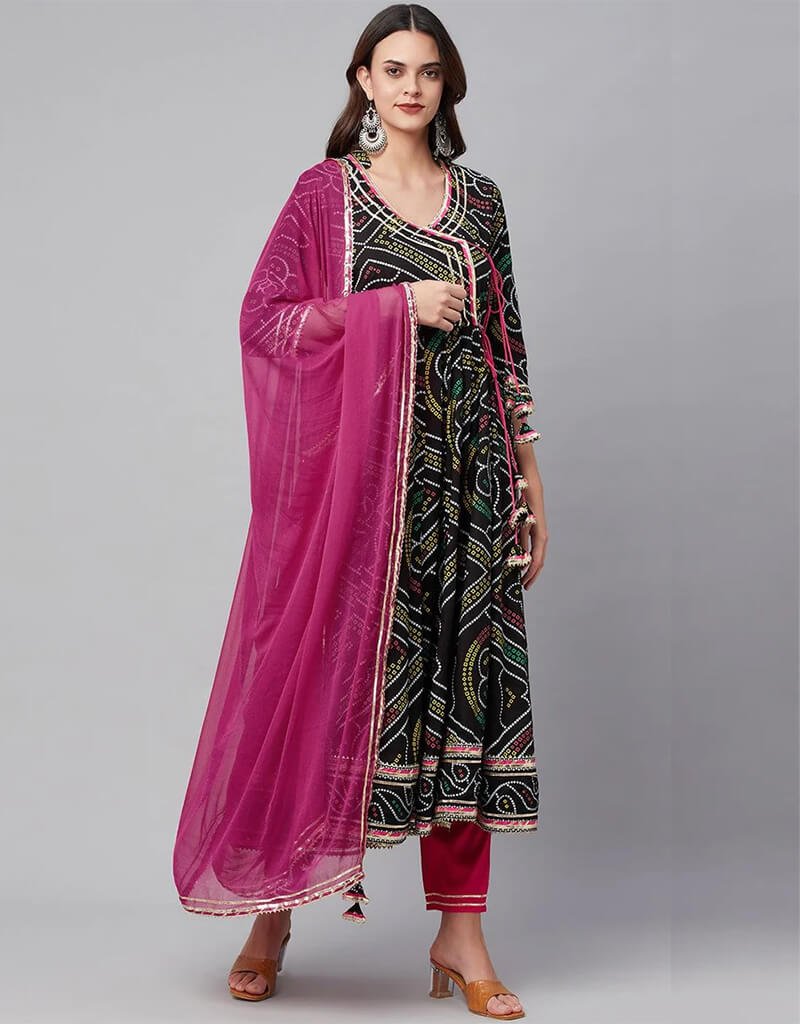 Elegant Black Cotton Anarkali Pant Suit for Women - Traditional Indian Ethnic Wear for Festivals, Weddings & Special Occasions
