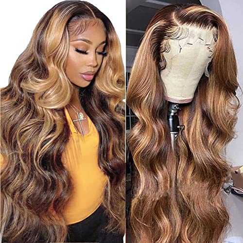 Originea Balayage FB30 Body Wave 13x4 Transparent HD Lace Front Human Hair Wig for Black Women - 10A Brazilian Remy Hair Ombre Highlights Lace Frontal Wig 150% Density Pre-Plucked with Baby Hair (16 Inch, 13X4 Lace Front, 4/27# Color) | Perfect for Daily Wear, Parties, Weddings & Special Occasions