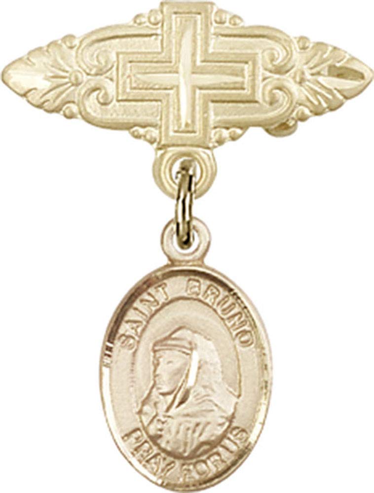 Gold Filled Baby Badge with St. Bruno Charm & Cross Badge Pin | Religious Jewelry for Baptism, First Communion & Christening Gifts | Made in USA