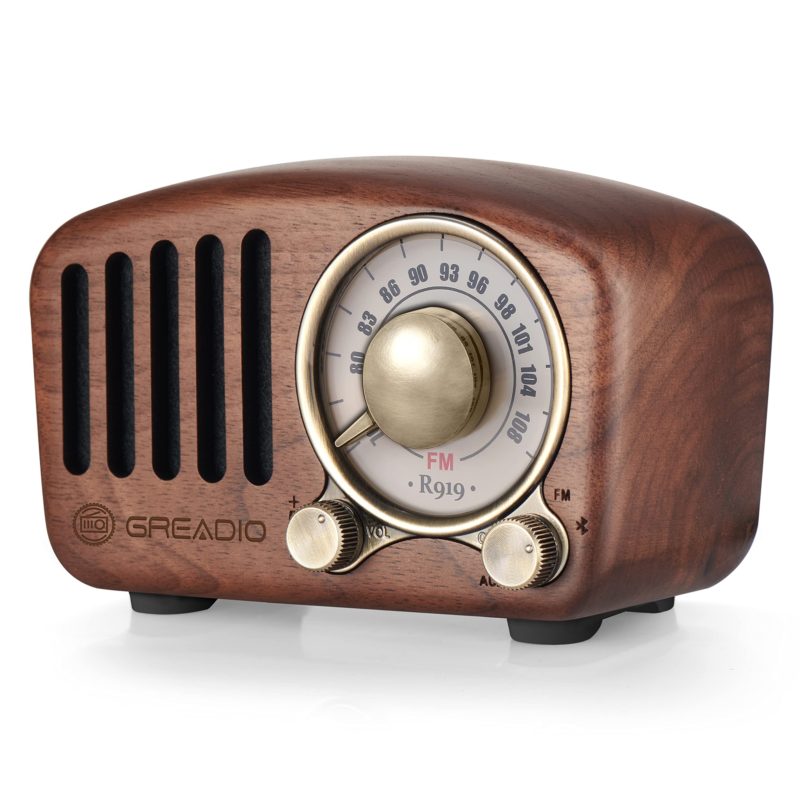 Vintage Greadio Walnut Wood Bluetooth Speaker - Retro Style Wireless Speaker with Bass Enhancement, Loud Volume, Bluetooth 5.0, MP3 & FM Radio - Perfect for Home, Office, and Outdoor Use