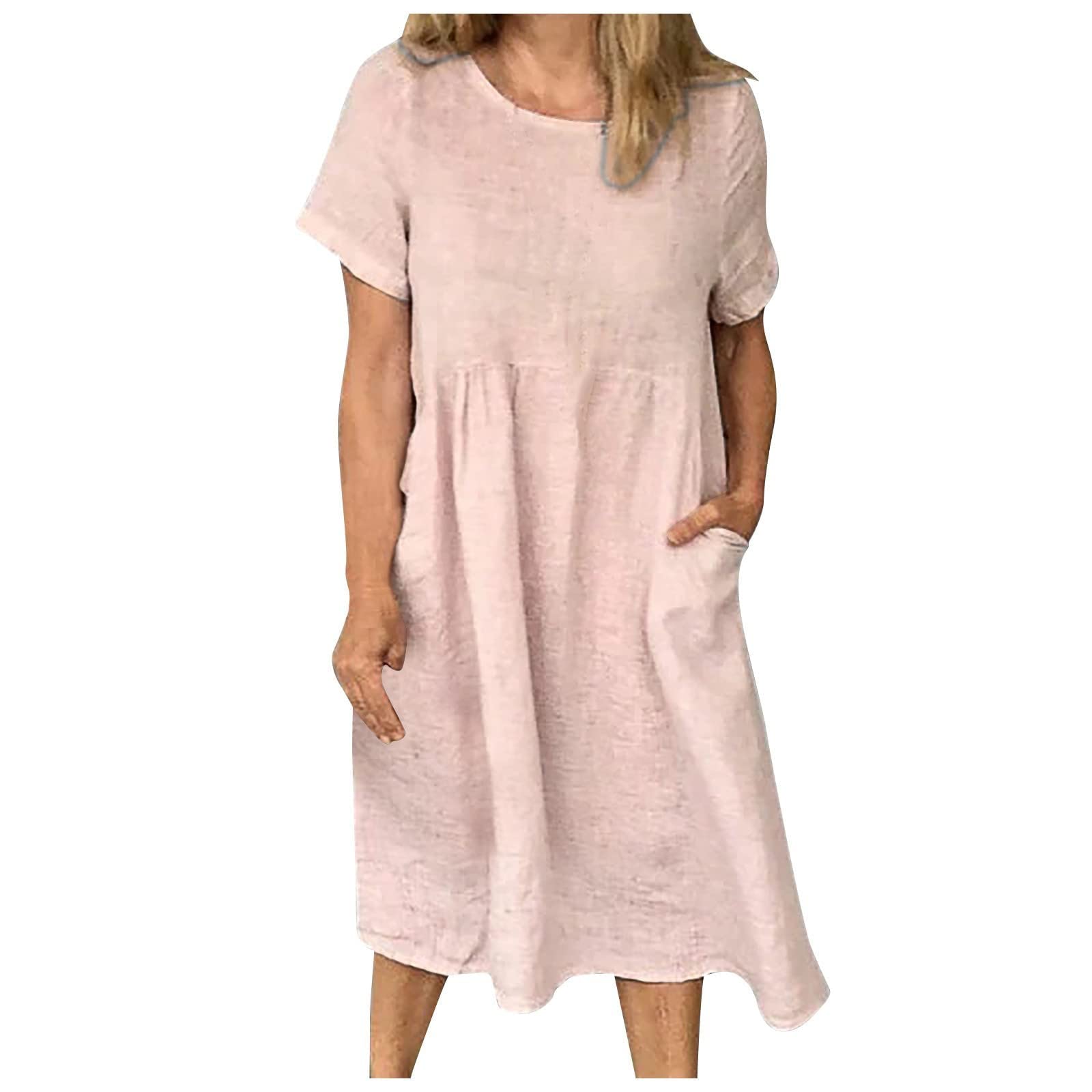 BmkBWO Women's Summer Casual Midi Dress 2022 - Short Sleeve Loose Fit Smocked Waist T-Shirt Dress in Solid Colors | Perfect for Beach, Vacation & Everyday Wear