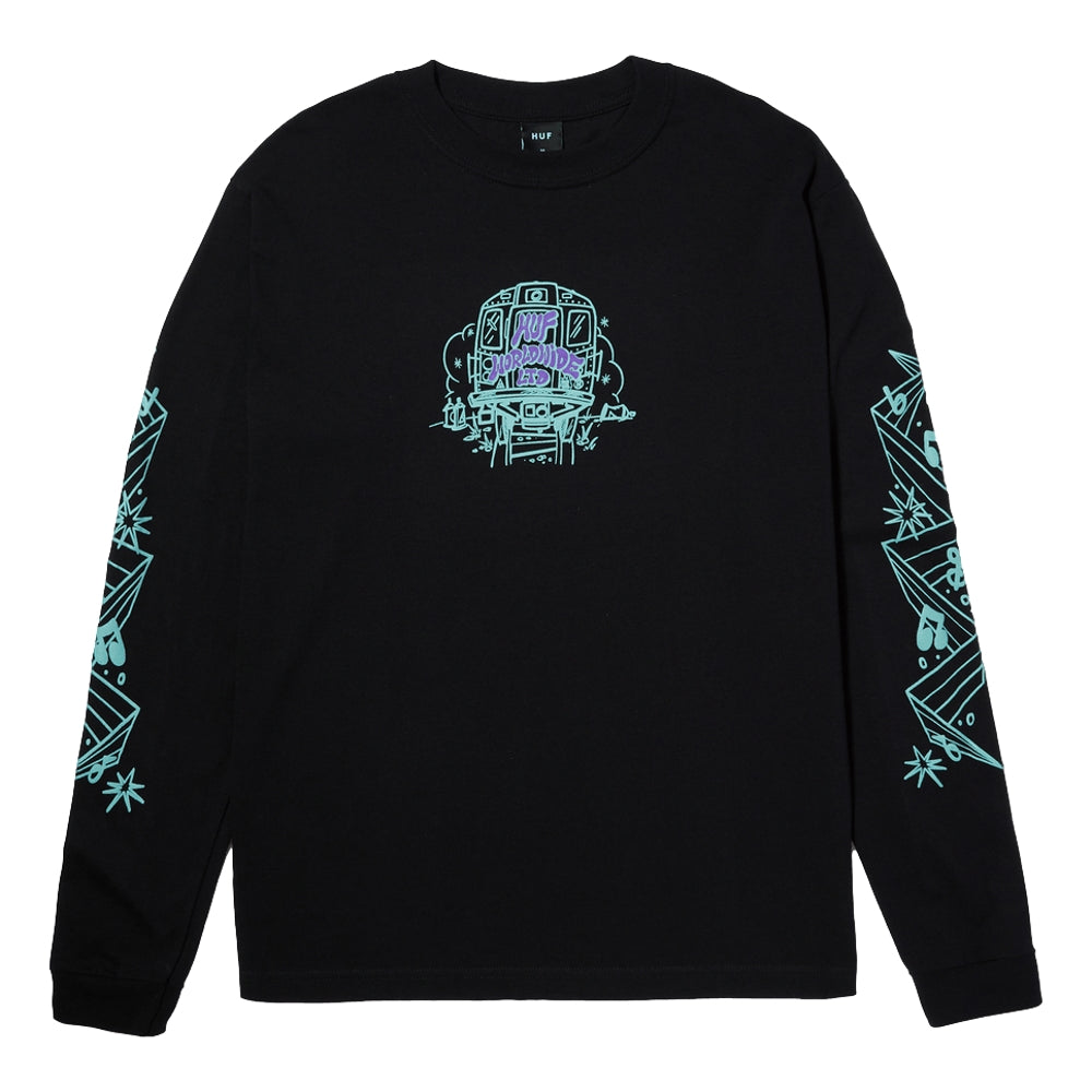 HUF Benchin Long Sleeve T-Shirt for Men - Black Cotton Crewneck Tee - Streetwear Fashion for Casual Wear & Skateboarding