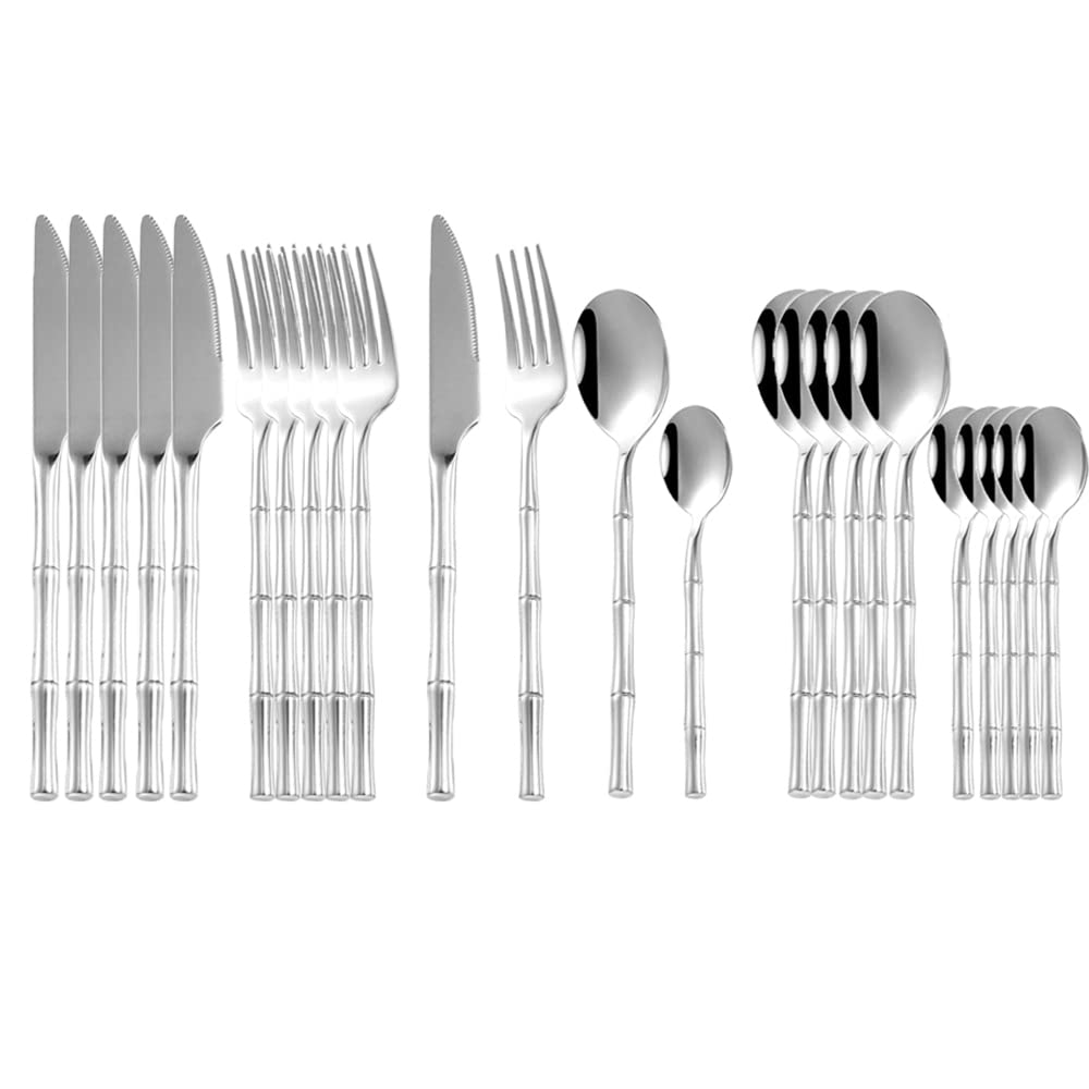 24-Piece Stainless Steel Silverware Set with Bamboo Handle - 304 Grade Forks, Knives & Spoons - Elegant Western Dinnerware for 6 - Perfect for Home Dining, Restaurants & Gifts (Silver)