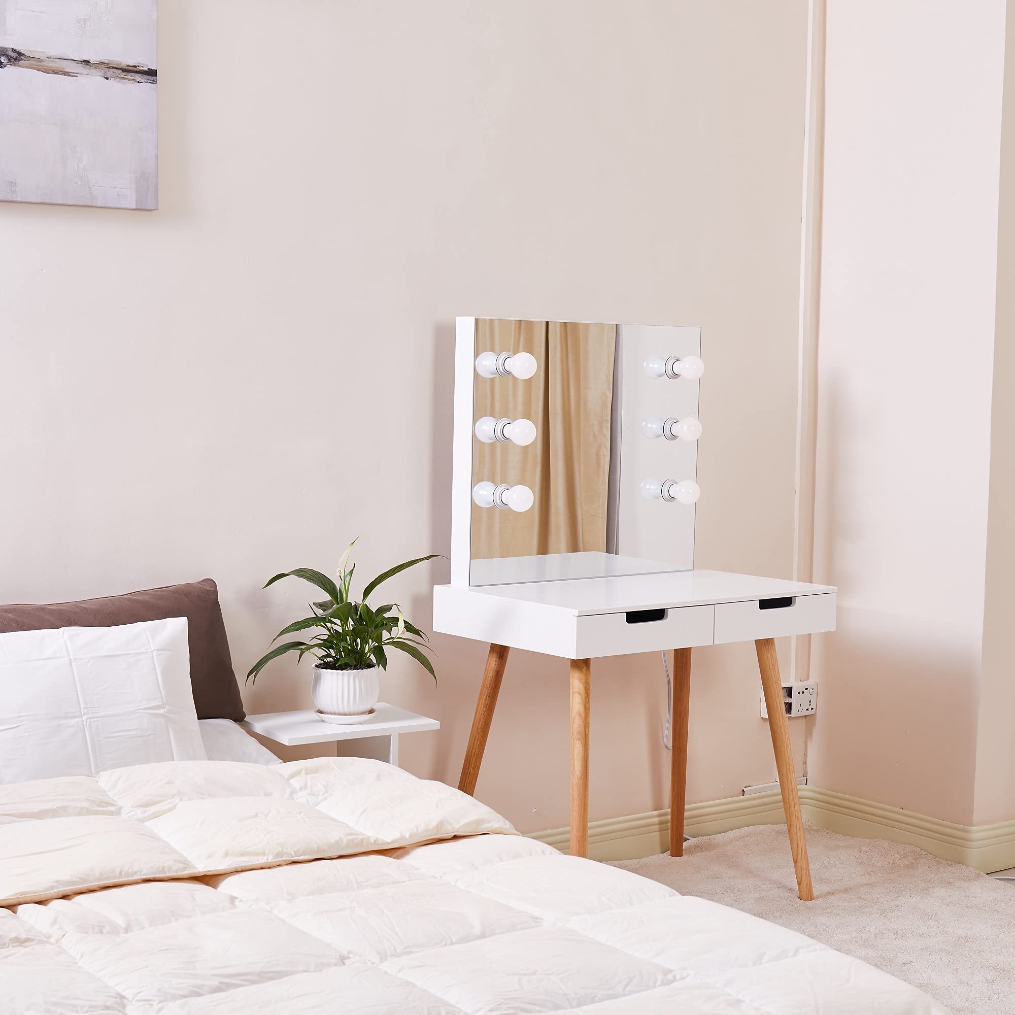 Lunafun White Wooden Vanity Table with LED Lights - Makeup Dressing Desk for Bedroom, Girls Room & Beauty Salon | Modern Vanity Set with Mirror & Stool