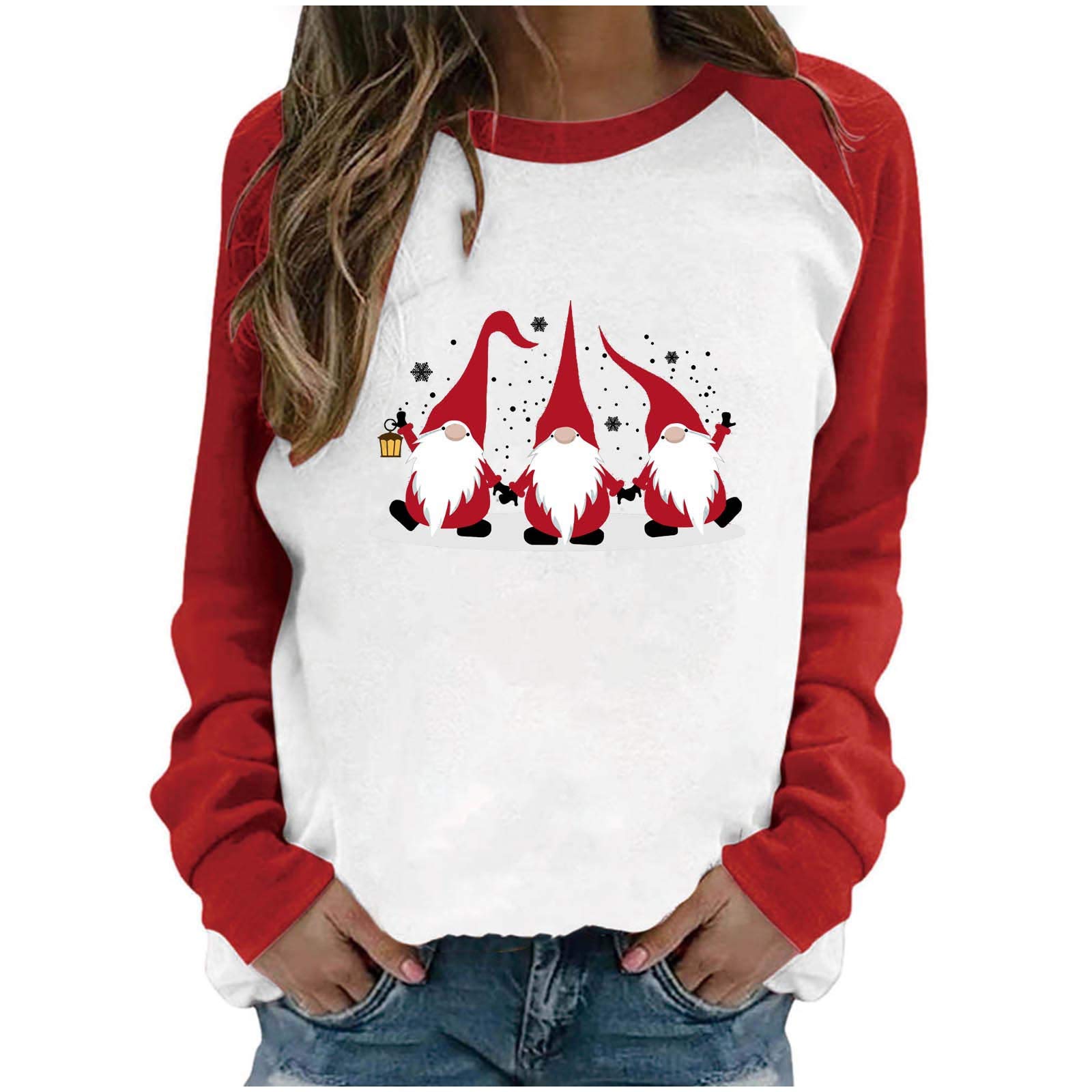 Women's Christmas Gnome Print Pullover Sweatshirt - Casual Long Sleeve Patchwork Blouse for Holiday Parties & Cozy Winter Outfits