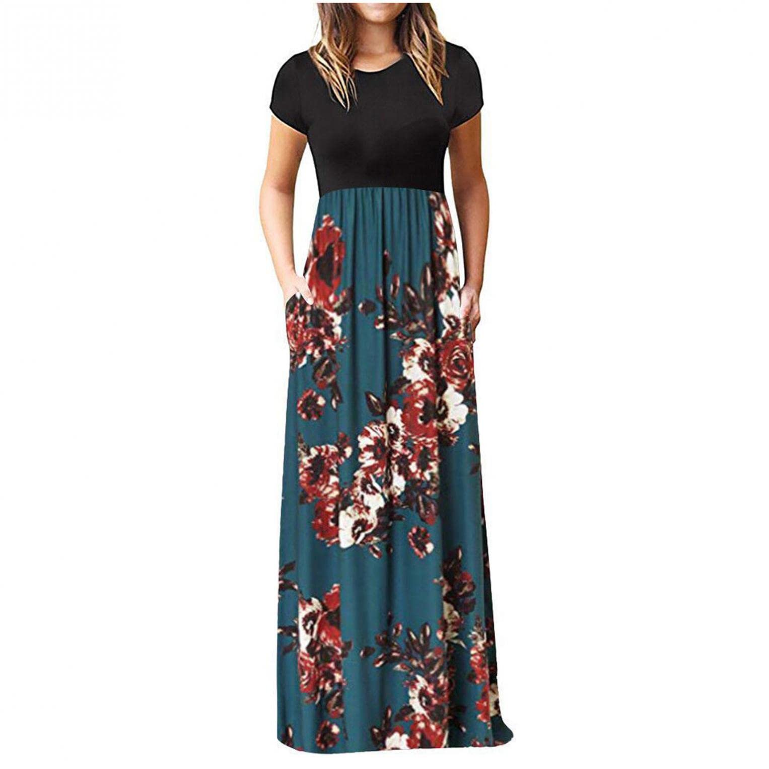 FABIURT Women's Floral Printed Maxi Dress with Pockets - Long Sleeve & Short Sleeve Options, Casual Loose Fit Sundress for Beach, Vacation, Summer Outfits and Daily Wear - Green