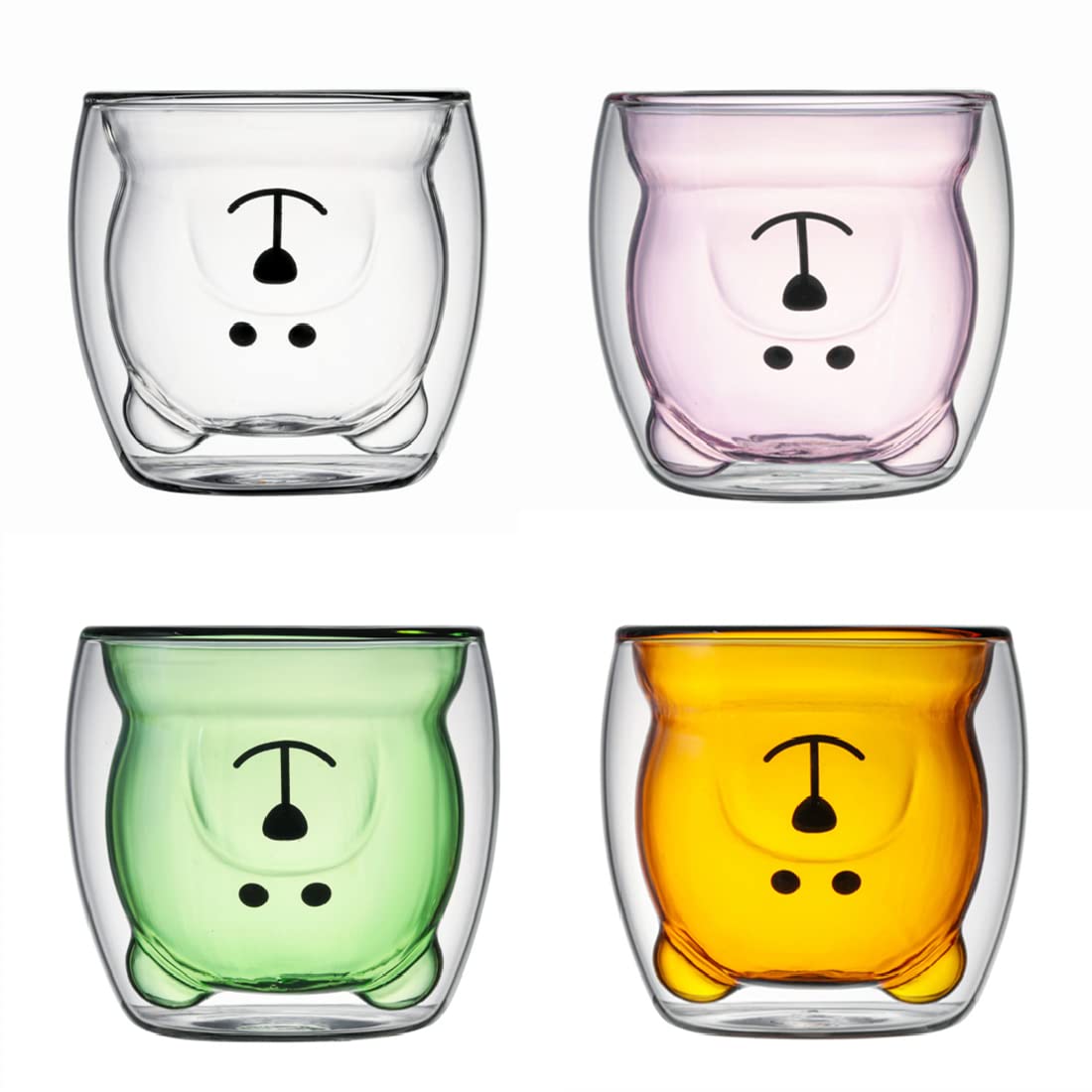 ANSQU 4-Pack Cute Bear Tea & Coffee Cups - Double Wall Insulated Glass Espresso Mugs for Hot/Cold Drinks - Perfect Birthday Gift, Office Use, Home Decor, and Coffee Shops