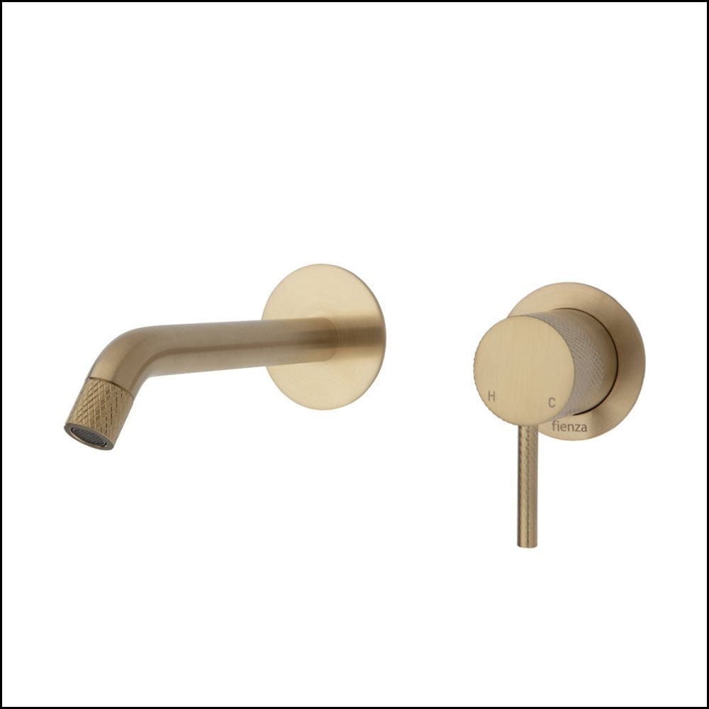 FIENZA Axle Wall Mounted Basin and Bath Mixer Set in Urban Brass Finish with Small Round Plates - 160mm Outlet (Model 231104UB) - Perfect for Modern Bathrooms and Small Spaces