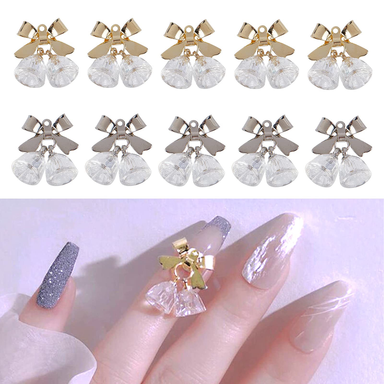 NICENEEDED 10Pcs 3D Bell Nail Art Rhinestones - Gold & Silver Nail Gems, Glass Crystal AB Metal Jewels for DIY Nail Decoration | Perfect for Nail Art, Manicures, and Professional Salon Use