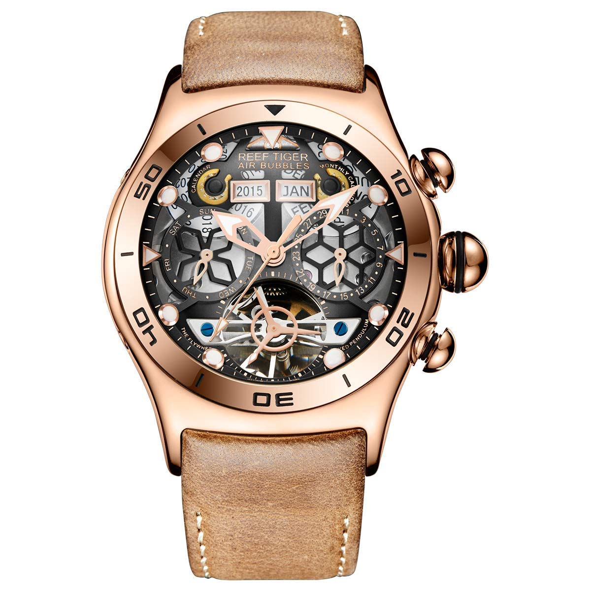 Reef Tiger Sport Men's Tourbillon Watch - Multi-Functional Rose Gold Skeleton Quartz Watch RGA703 | Luxury Dress & Business Formal Watches for Men