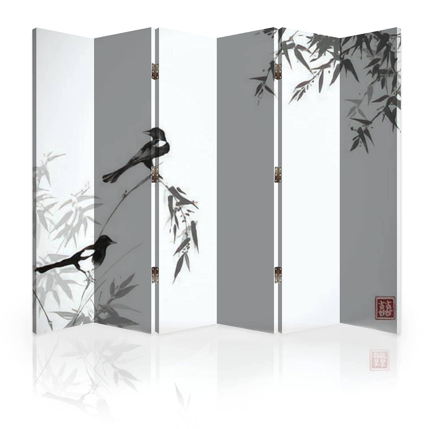Japanese Ink Wash Canvas Room Divider - 6-Panel Folding Privacy Screen with Two Magpie Birds & Bamboo Trees Design | Traditional Asian Style Room Separator for Home, Office & Meditation Spaces