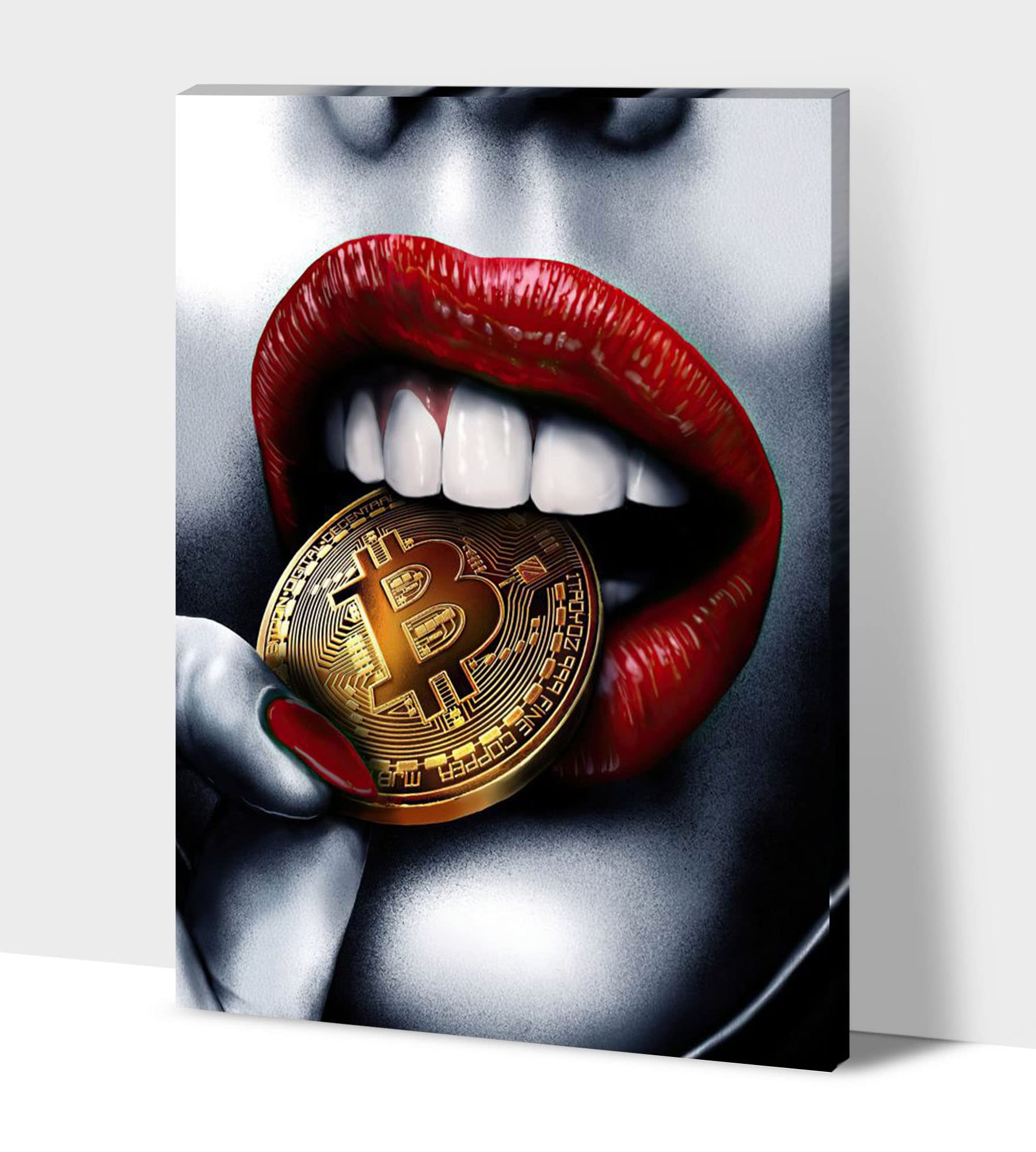 Bitcoin & Red Lips Canvas Wall Art - 28x40 Inches Modern Money & Beauty Print for Home, Living Room, Bedroom Decor | Stylish Crypto-Themed Wall Decor Perfect for Office, Man Cave or Gift
