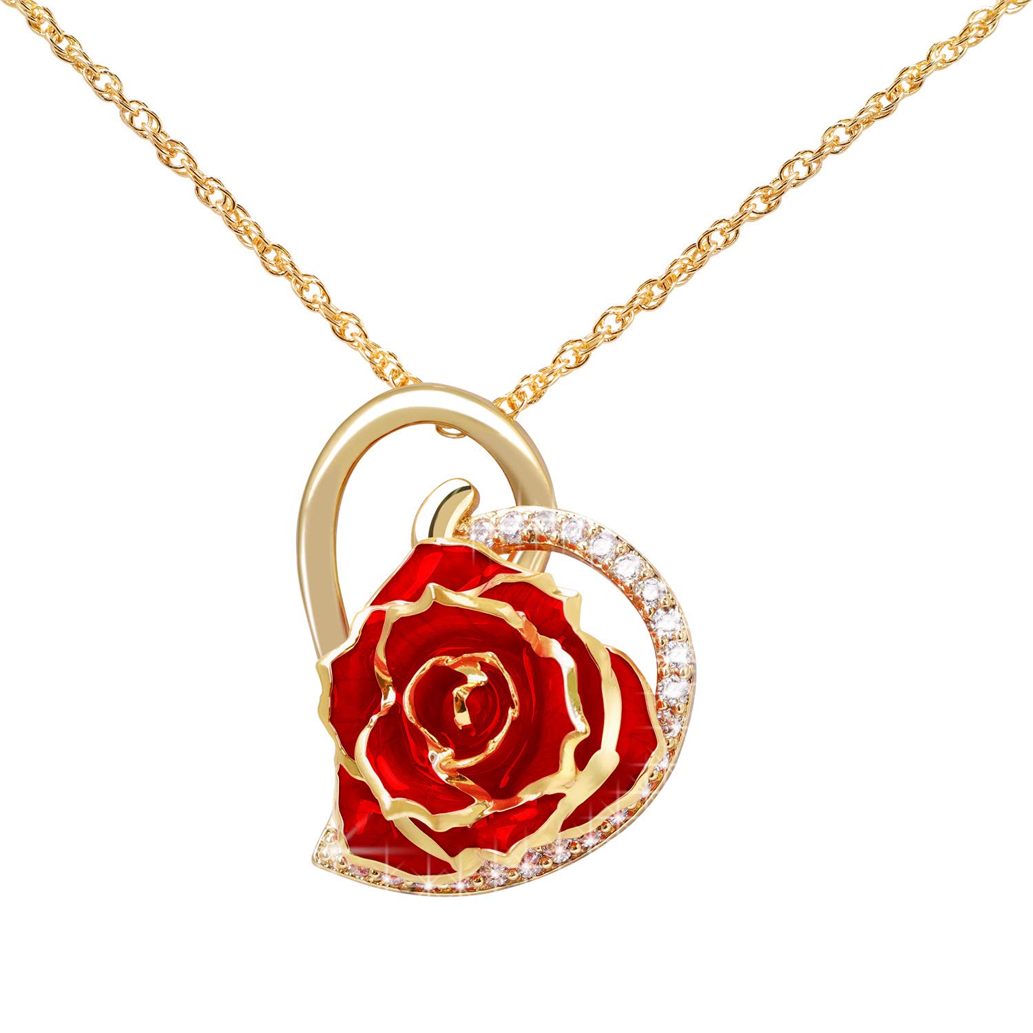 Zerodis 24K Gold Heart Rose Necklace - Elegant Rose Flower Rhinestone Crystal Pendant for Women, Perfect Gift for Valentine's Day, Anniversary, Birthday & Romantic Occasions