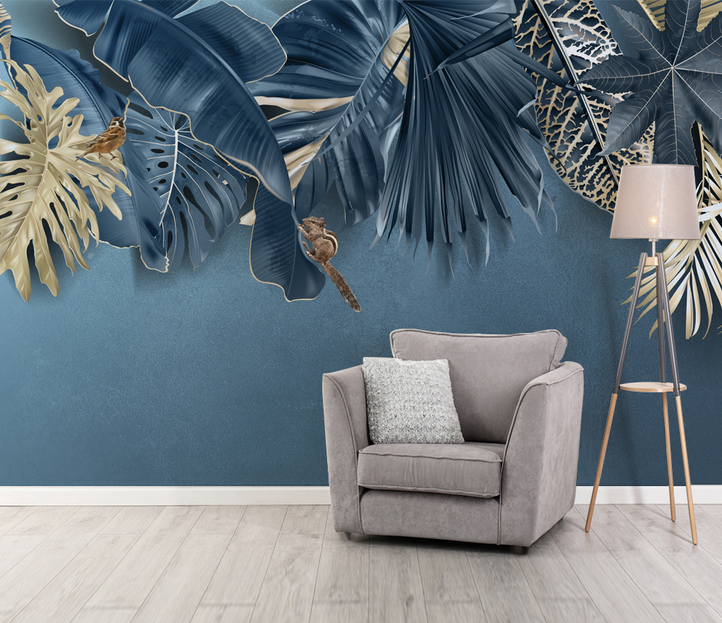 Blue Leafs Tropical Wallpaper Murals - Nature-Inspired Peel & Stick Wall Decor for Living Room, Bedroom, or Office