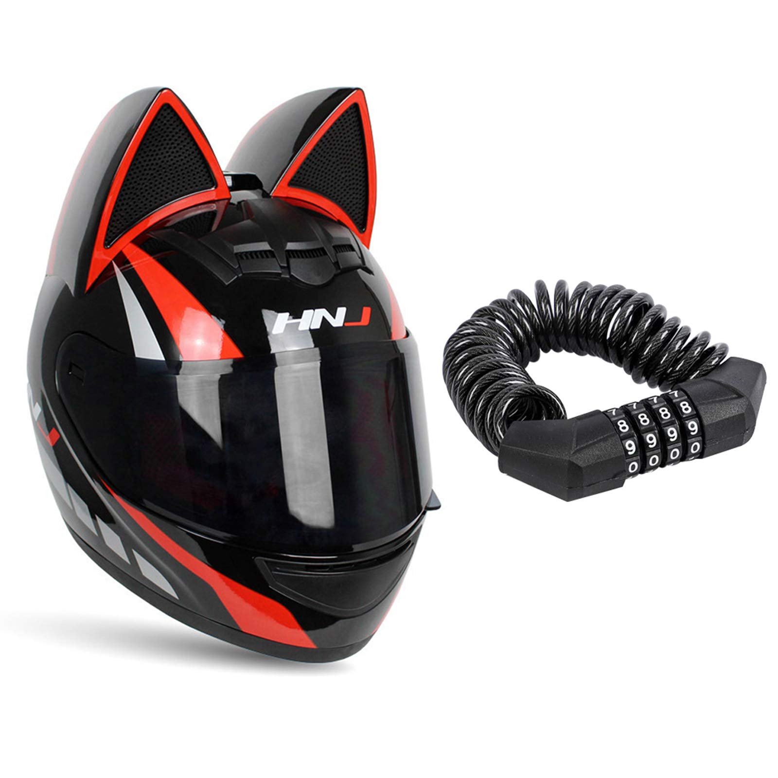Upgraded Cat Ear Motorcycle Helmet for Men & Women - Full Face Street, Scooter & Mountain Bike Helmet with Password Lock (Black Orange, XL) - Perfect for Urban Commuting & Adventure Riding