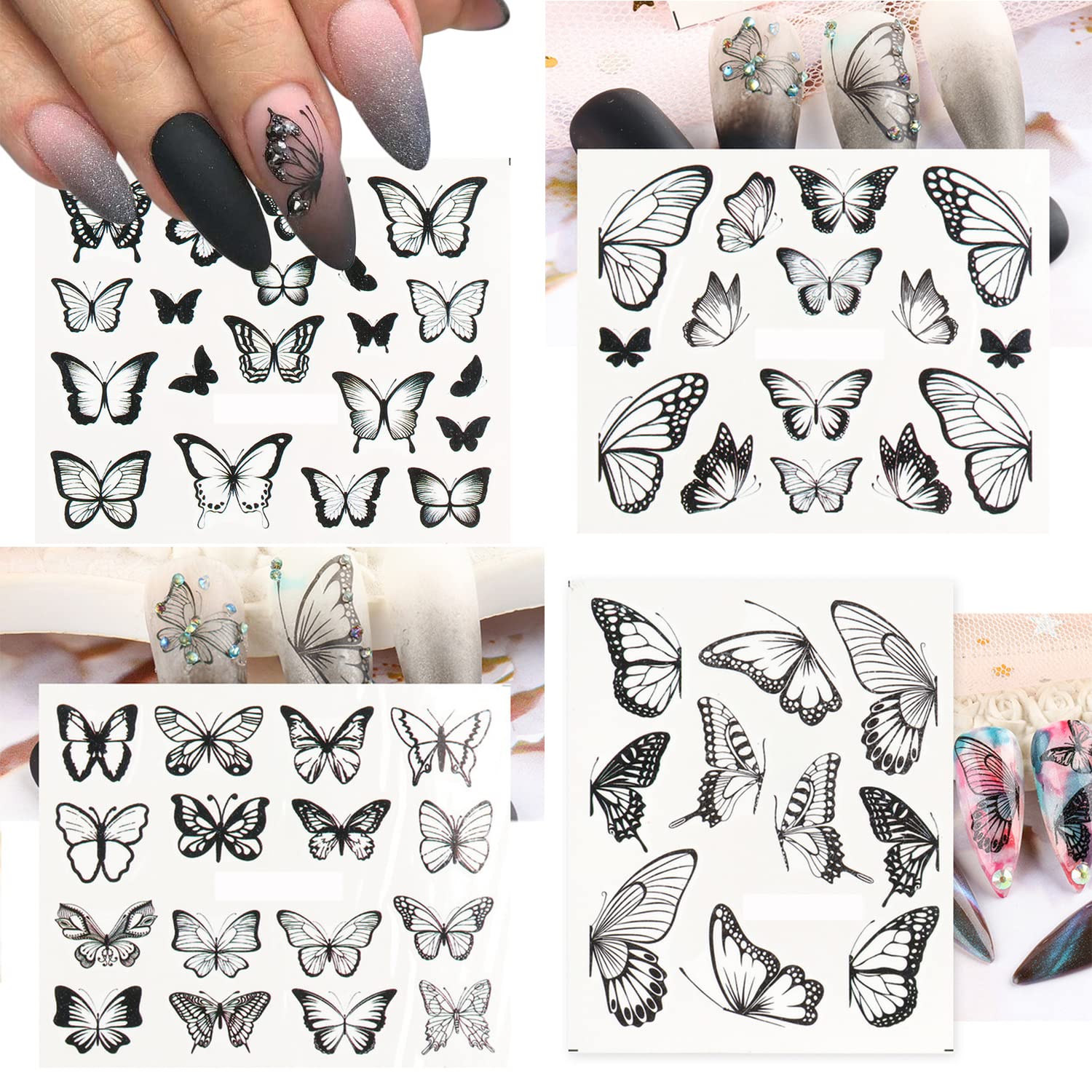 Butterfly Nail Stickers for Nail Art - 4 Sheets Water Transfer Nail Decals with Black Butterfly Designs - DIY Nail Art Stickers for Women - Perfect for Parties, Weddings, and Special Occasions