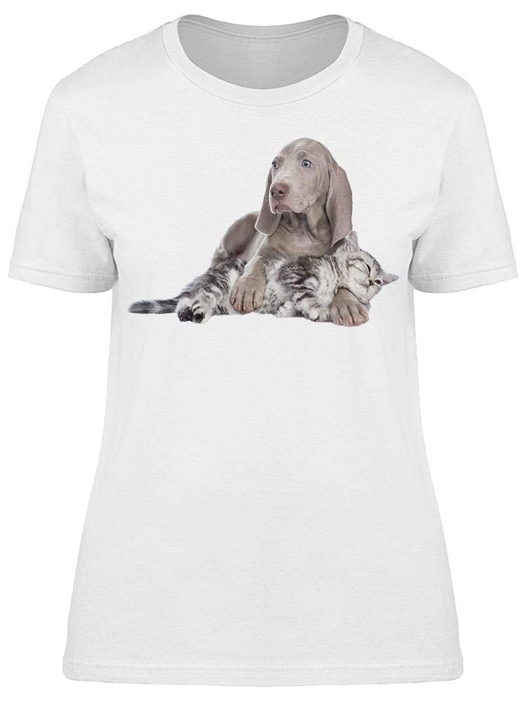 Cute Weimaraner and Kitten Graphic T-Shirt for Women - Soft Cotton Casual Tee for Dog Lovers, Perfect for Weekend Outings & Pet Owner Gifts