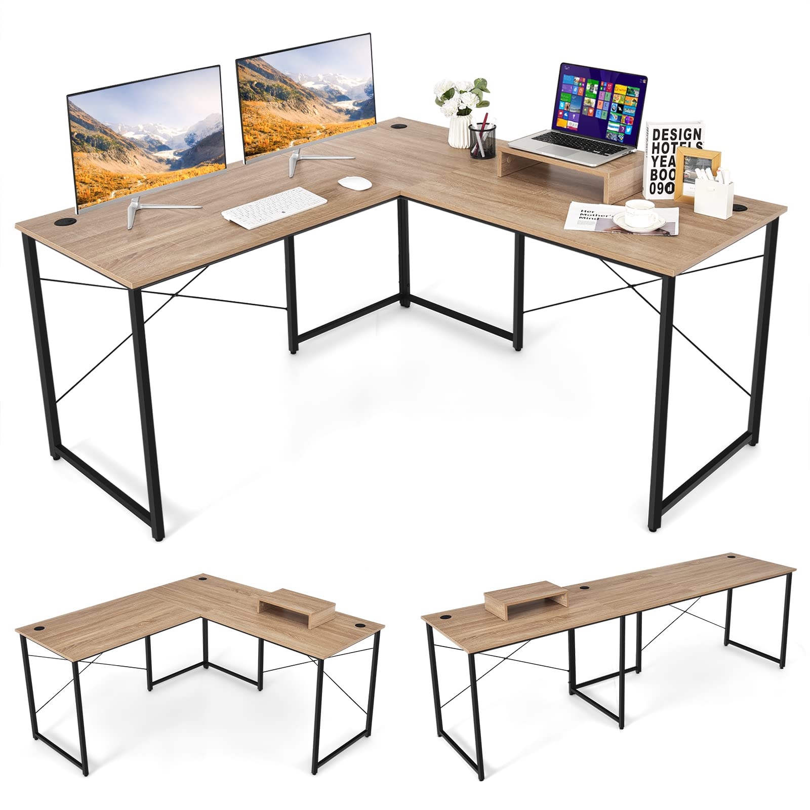 Tangkula 95 Inch L-Shaped Reversible Corner Computer Desk with Monitor Stand & Cable Management - Spacious 2-Person Home Office Desk for Gaming, Study & Work - Natural Wood Finish (Perfect for Small Spaces & Shared Workstations)