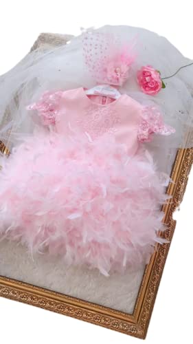 Baby Girl Feather Dress for Special Occasions | Pink Tutu Party Dress for Toddlers | Birthday & Barbie Theme Outfit | 1 Year UK Kids Size | Perfect for Birthday Parties, Pageants & Photo Shoots
