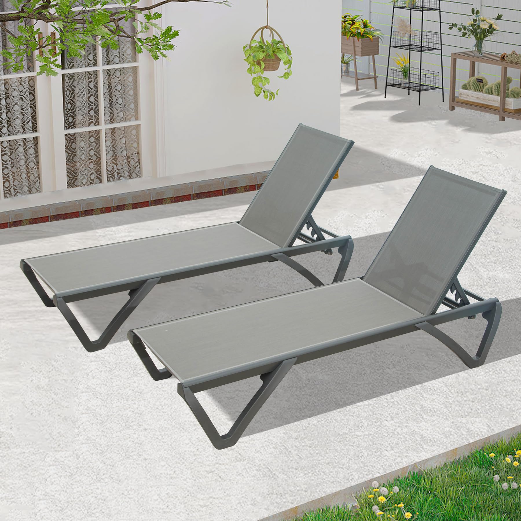 Domi Outdoor Chaise Lounge Set of 2 - Adjustable Aluminum Pool Lounge Chairs with 5 Positions, Patio Furniture for Backyard, Beach & Poolside Relaxation (Grey, Table Not Included)