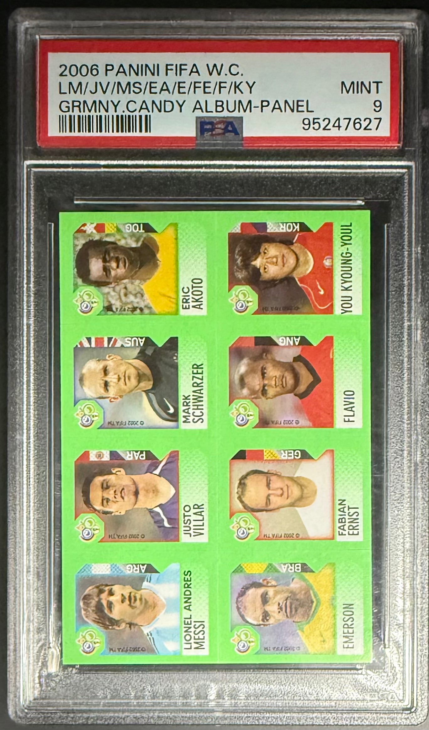 2006 Panini FIFA World Cup Germany PSA9 Candy Album Panel - Lionel Messi, Justo Villar, Mark Schwarzer & More - Perfect for Soccer Collectors and Memorabilia Displays