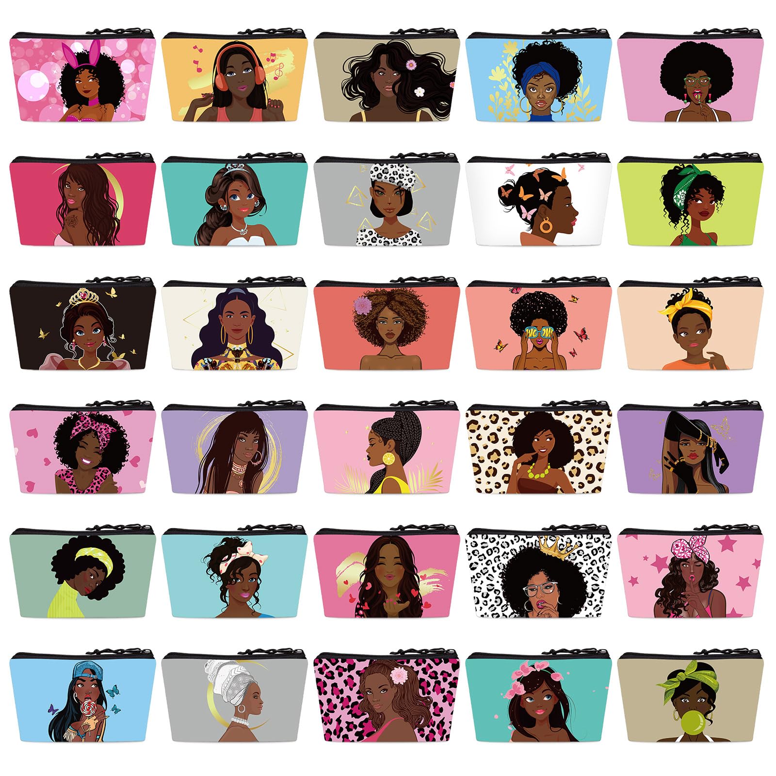 Sweetude 30 Pcs Black Women Cosmetic Bags - Reusable Canvas Makeup & Toiletry Organizer with Zipper for Purse, Travel, Afro Hair Accessories - Perfect Gift for African American Women (Great for Travel, Gym, Daily Use & Inspirational Gifting)