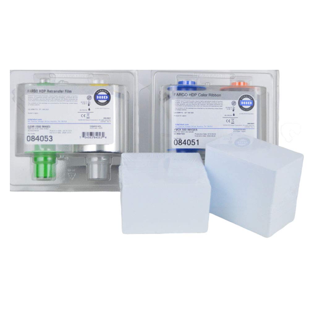 Fargo 84051 YMCK Ribbon (500 Print Yield) & 84053 Transfer Film (1500 Transfer) with 200 Premium White PVC CR80 ID Cards - Compatible with Fargo Printers for ID Badges, Access Control & Security Systems