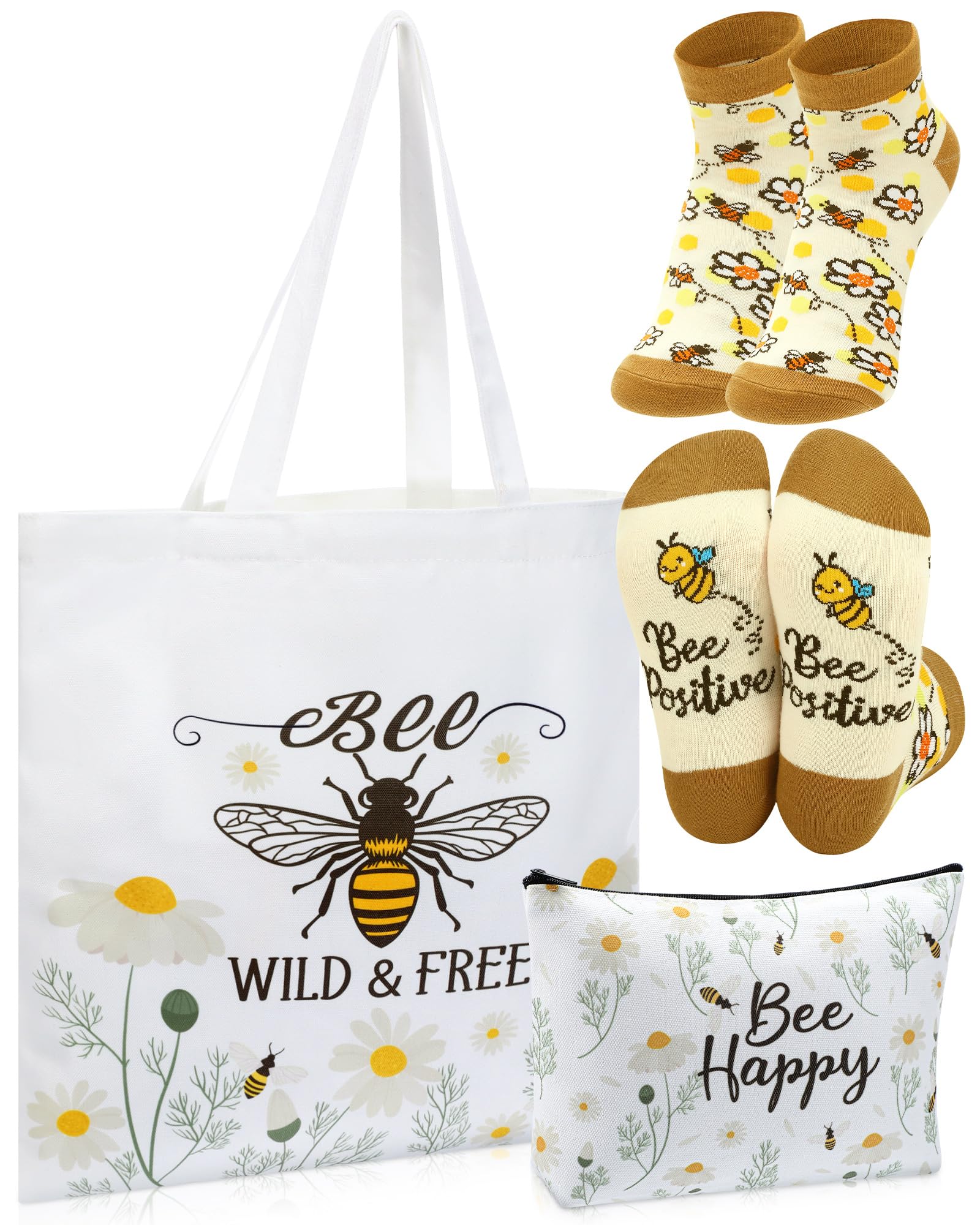 3-Piece Bee-Themed Gift Set for Women - Funny Honeybee Canvas Tote Bag with Zipper, Makeup Pouch & Socks - Perfect for Bee Day, Birthdays, Holidays - Great for Moms, Teachers, Employees, Beekeepers & Nature Lovers - Ideal for Picnics, Gardening & Beekeeping Activities