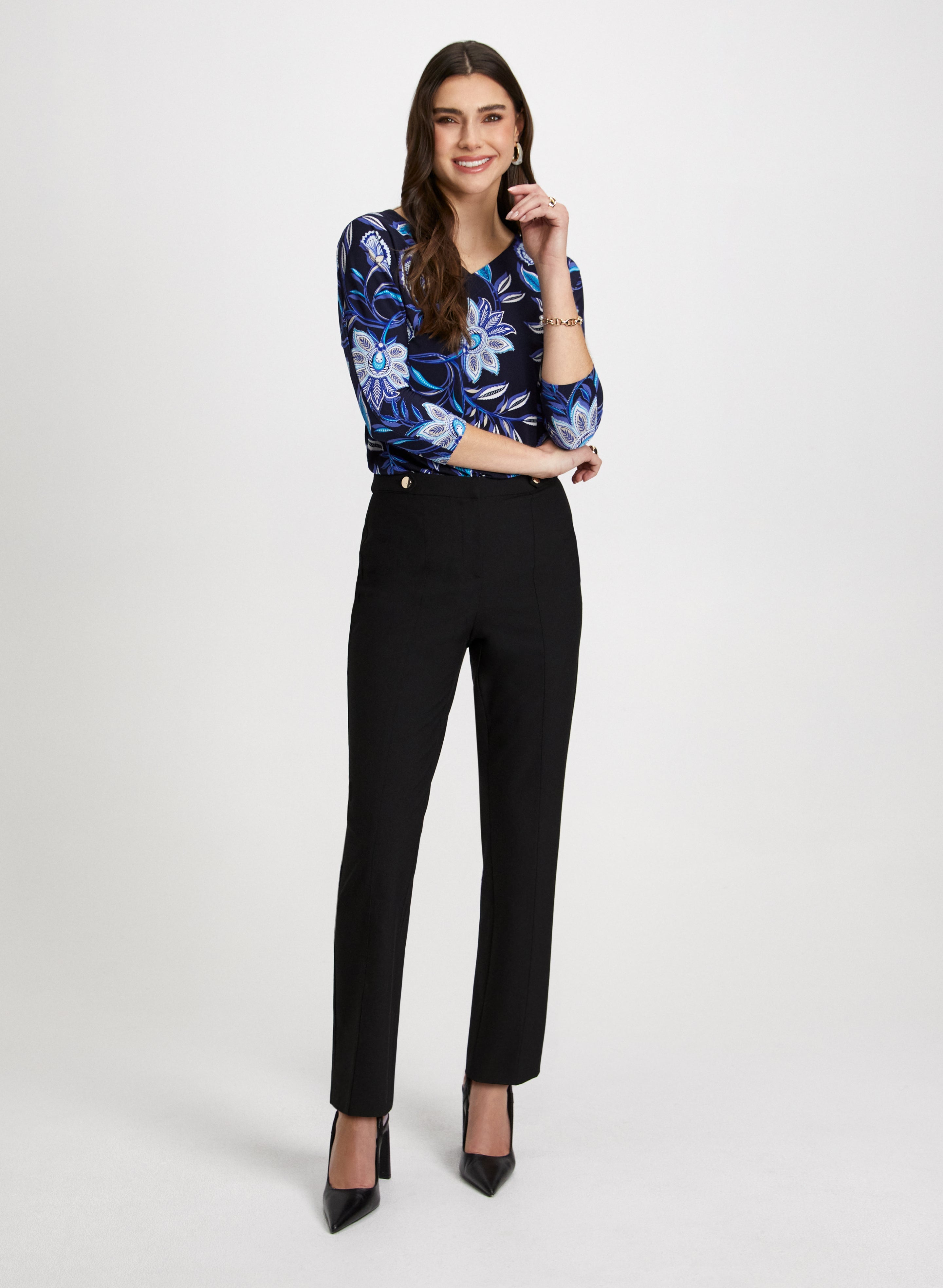Floral Paisley Print Women's Blouse & Straight Leg Pants Set - Elegant Office Wear & Casual Outfit for Spring/Summer
