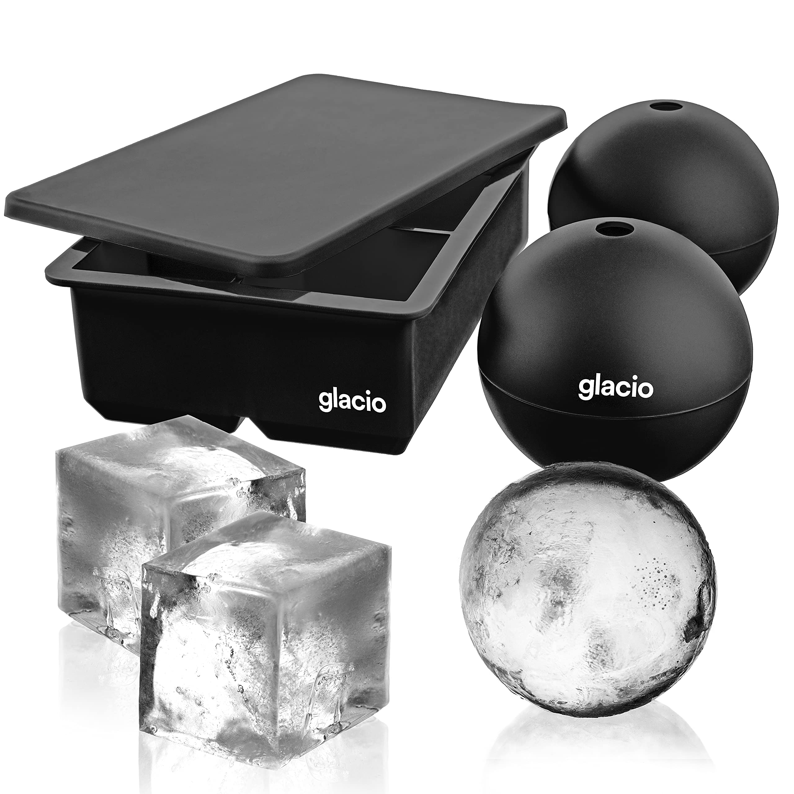 Glacio Jumbo Square Ice Cube Tray with Lid & 2 Large Sphere Ice Molds - Reusable Silicone Ice Cube Maker for Cocktails, Whiskey, and Cold Drinks - Perfect for Home Bars, Parties, and Entertaining