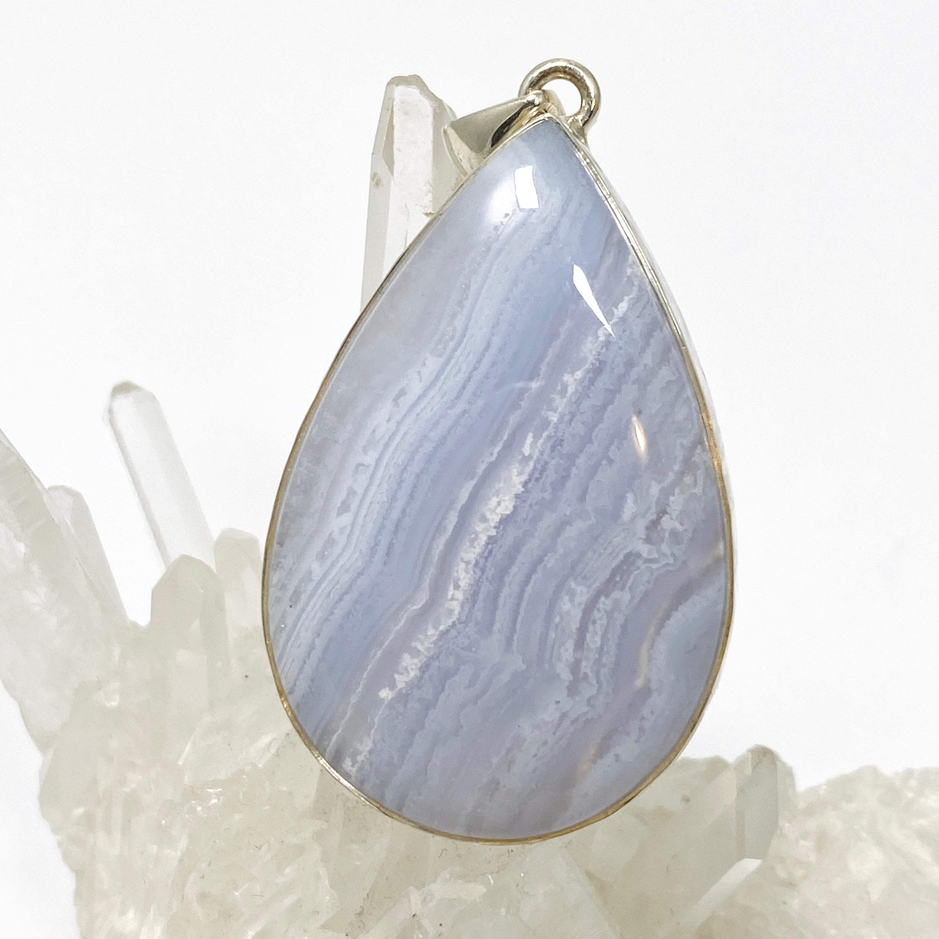 Blue Lace Agate Teardrop Cabochon Pendant in Hammered Silver Setting - KPGJ4831 | Handmade Jewelry for Women, Boho Chic Necklace for Everyday Wear & Special Occasions