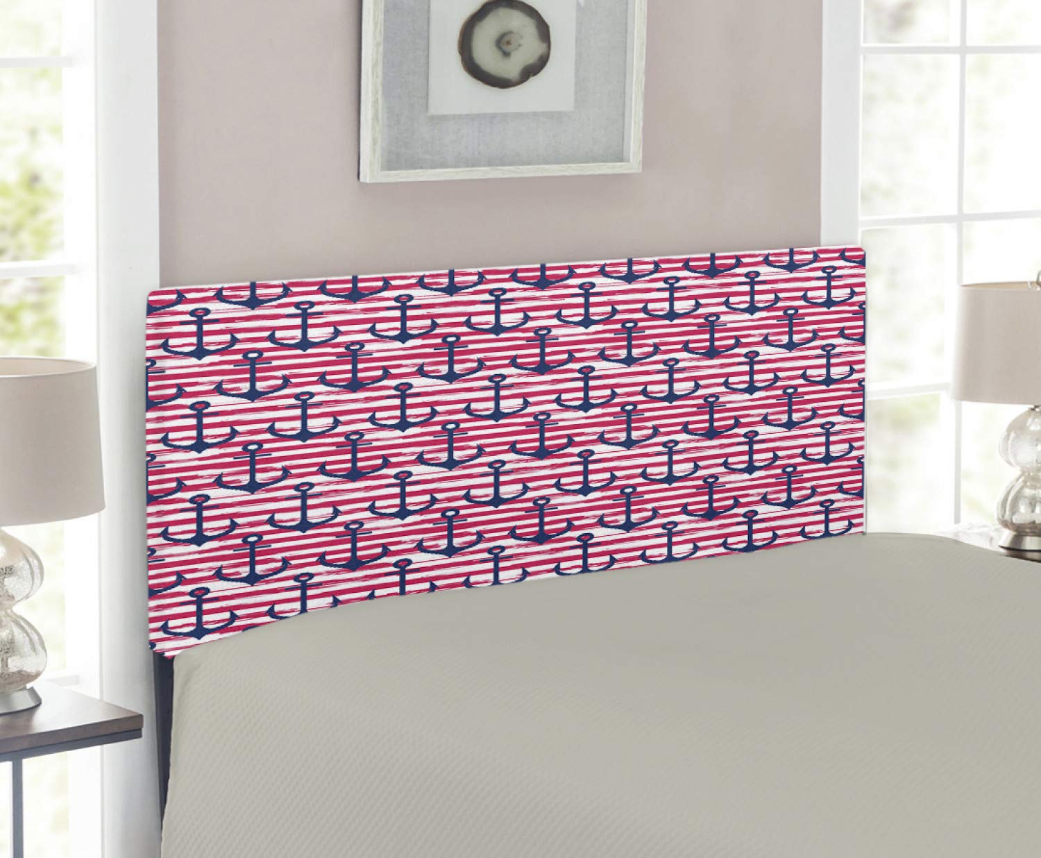 Ambesonne Upholstered Metal Headboard with Memory Foam - Twin Size, Dark Blue Magenta White Stripes & Anchor Marine Design - Perfect for Coastal, Nautical & Bedroom Decor