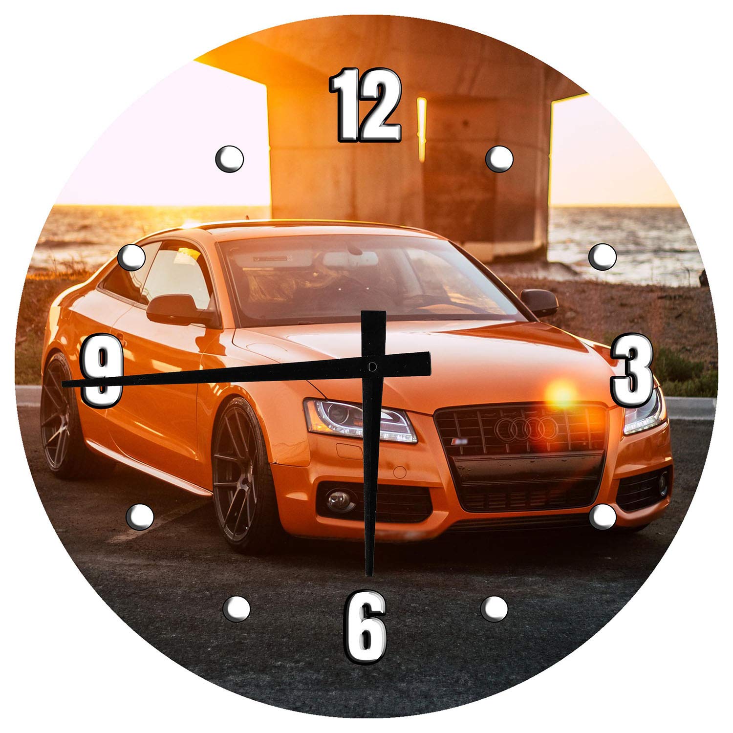 Orange German Sports Car Twin Turbo Wall Clock - 12 Inch Large Round Wood Decor for Living Room, Office, or Man Cave