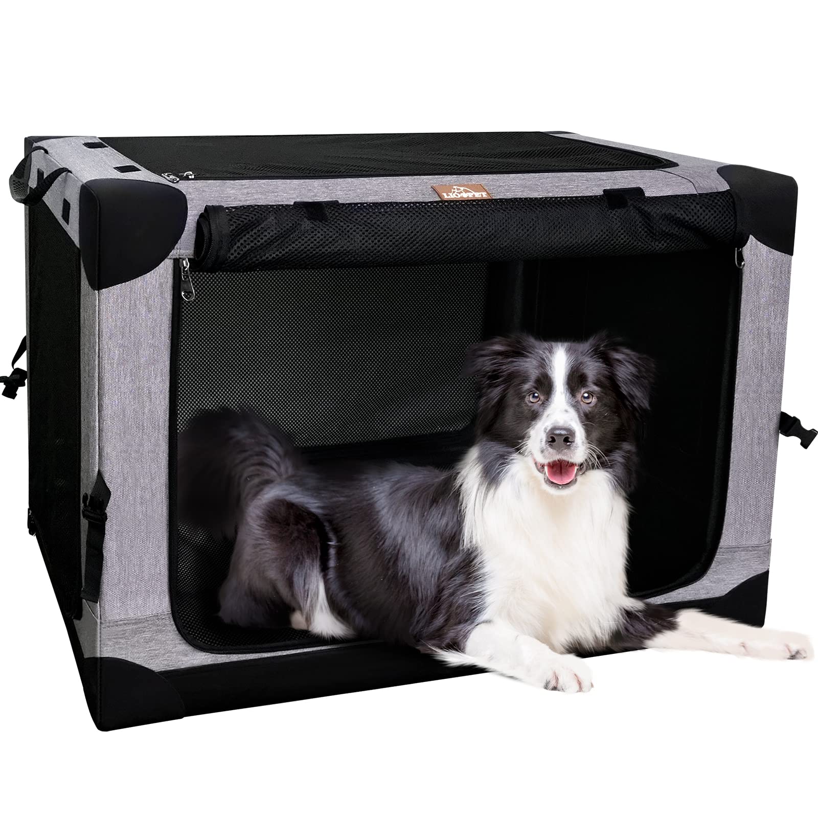 LIOOPET Soft-Sided Collapsible Dog Crate - Portable 4-Door Travel Kennel Carrier for Medium Dogs | Indoor & Outdoor Use for Camping, Road Trips & Vet Visits