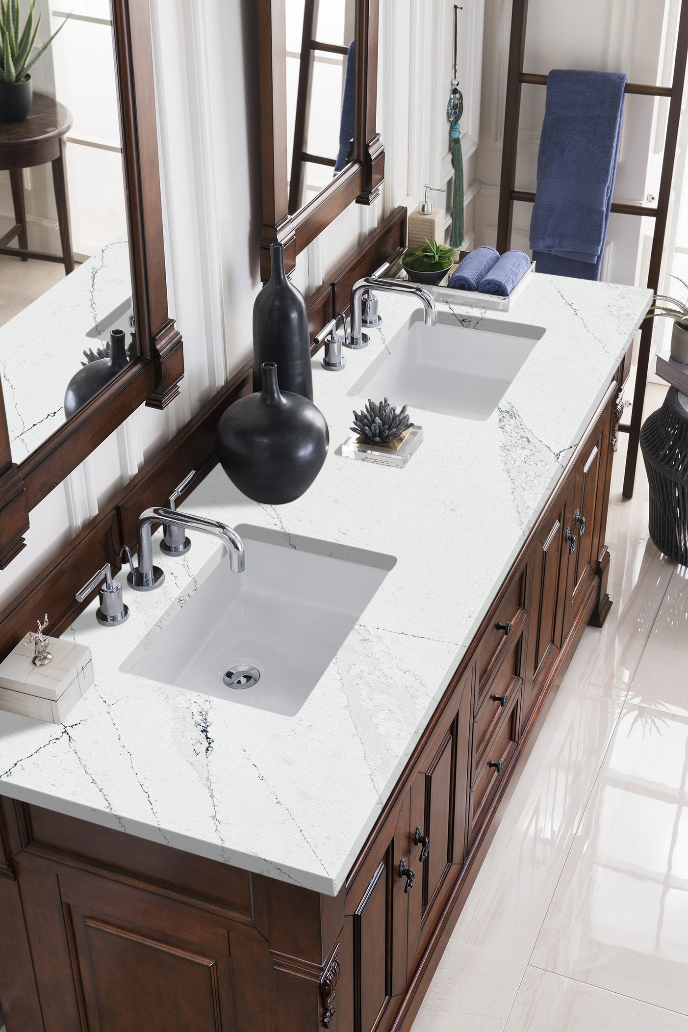 Brookfield 72 Inch Double Vanity with Warm Cherry Finish & 3CM Ethereal Noctis Quartz Countertop - Perfect for Master Bathroom, Guest Bath, or Luxury Home Renovation