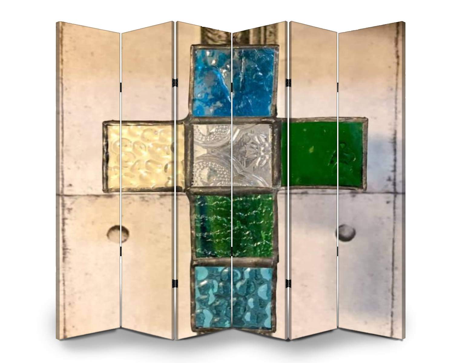 APED DECOR 6-Panel Wooden Room Divider with Stained Glass Cross Design - Folding Privacy Screen, Dual-Sided Canvas Partition for Home & Office - Perfect for Living Room, Bedroom, and Studio Space Separation