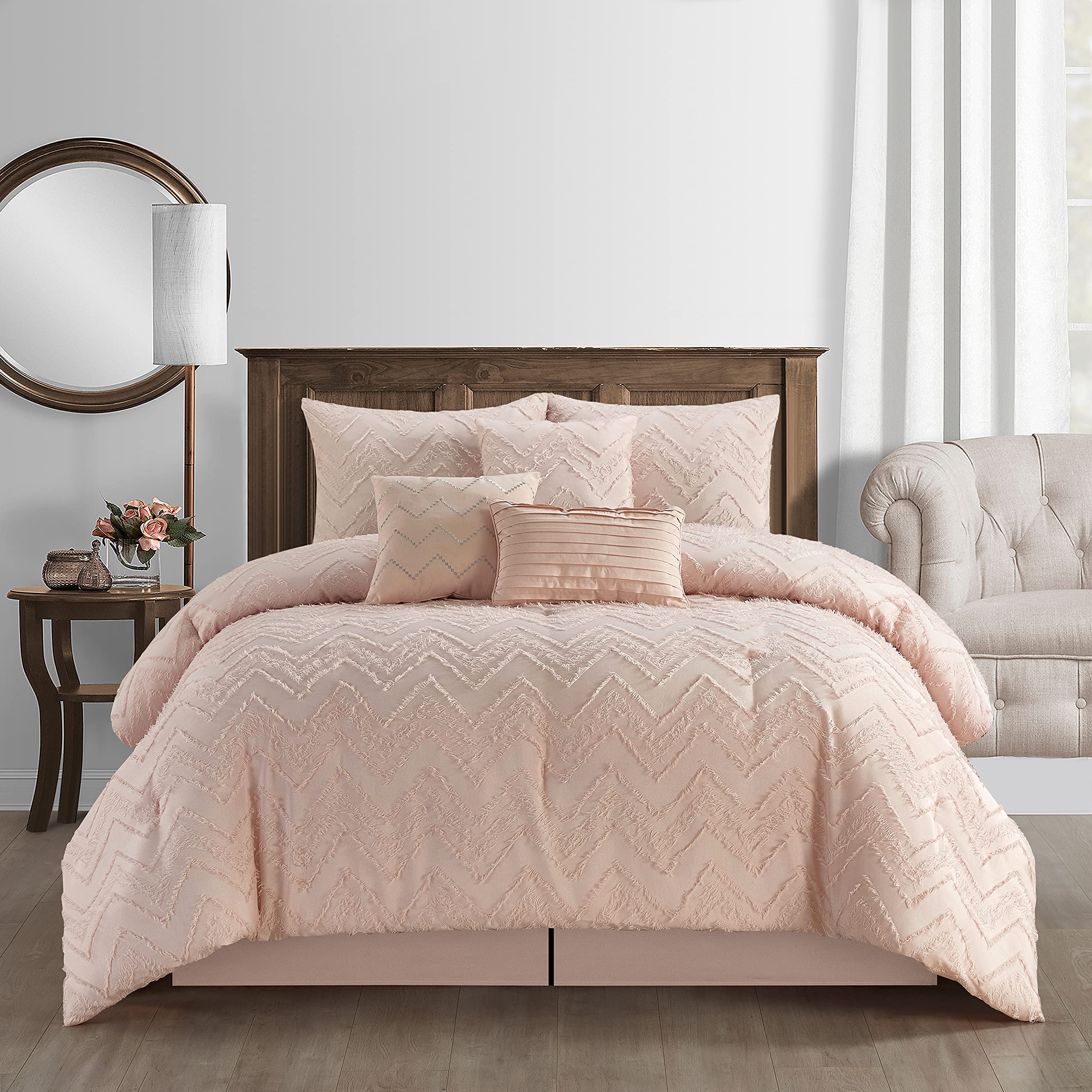 Grand Avenue Ruffled Shabby Chic 7-Piece Comforter Set - Queen Size, Blush Pink - Perfect for Bedroom Decor & Cozy Farmhouse Style