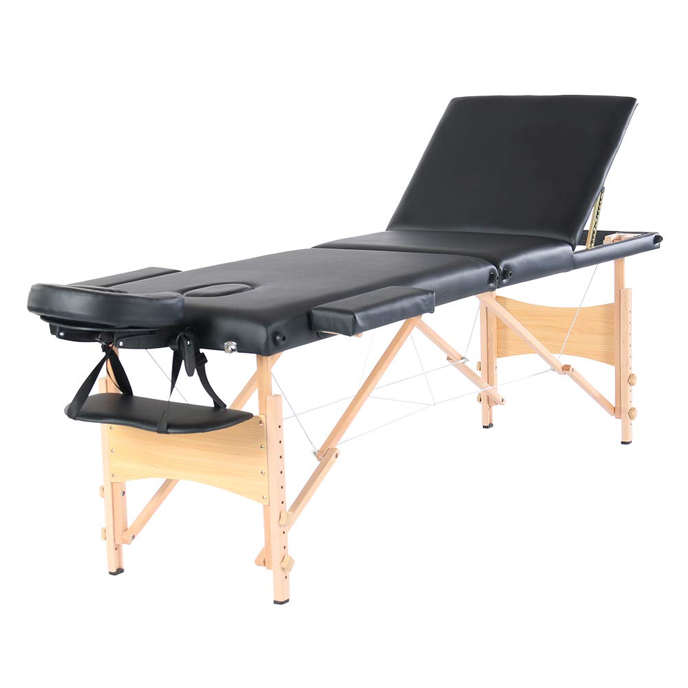 Professional 3-Section Folding Portable Massage Table with Beechwood Legs - Adjustable Height for Body, Beauty & Spa Treatments - Facial Salon & Tattoo Bed - 72.83