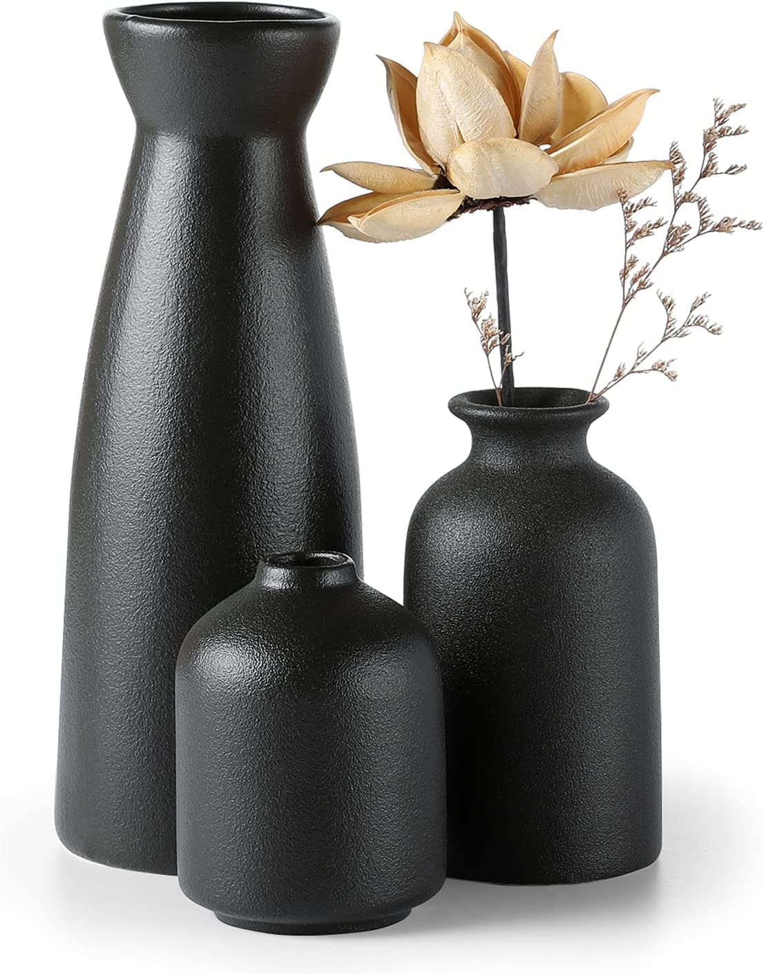Black Ceramic Vase Set of 3 - Small Modern Boho Flower Vases for Home Decor, Farmhouse Style Decorative Vases for Pampas Grass & Dried Flowers - Perfect for Shelves, Tables, Bookshelves, and Entryways - Distressed Finish