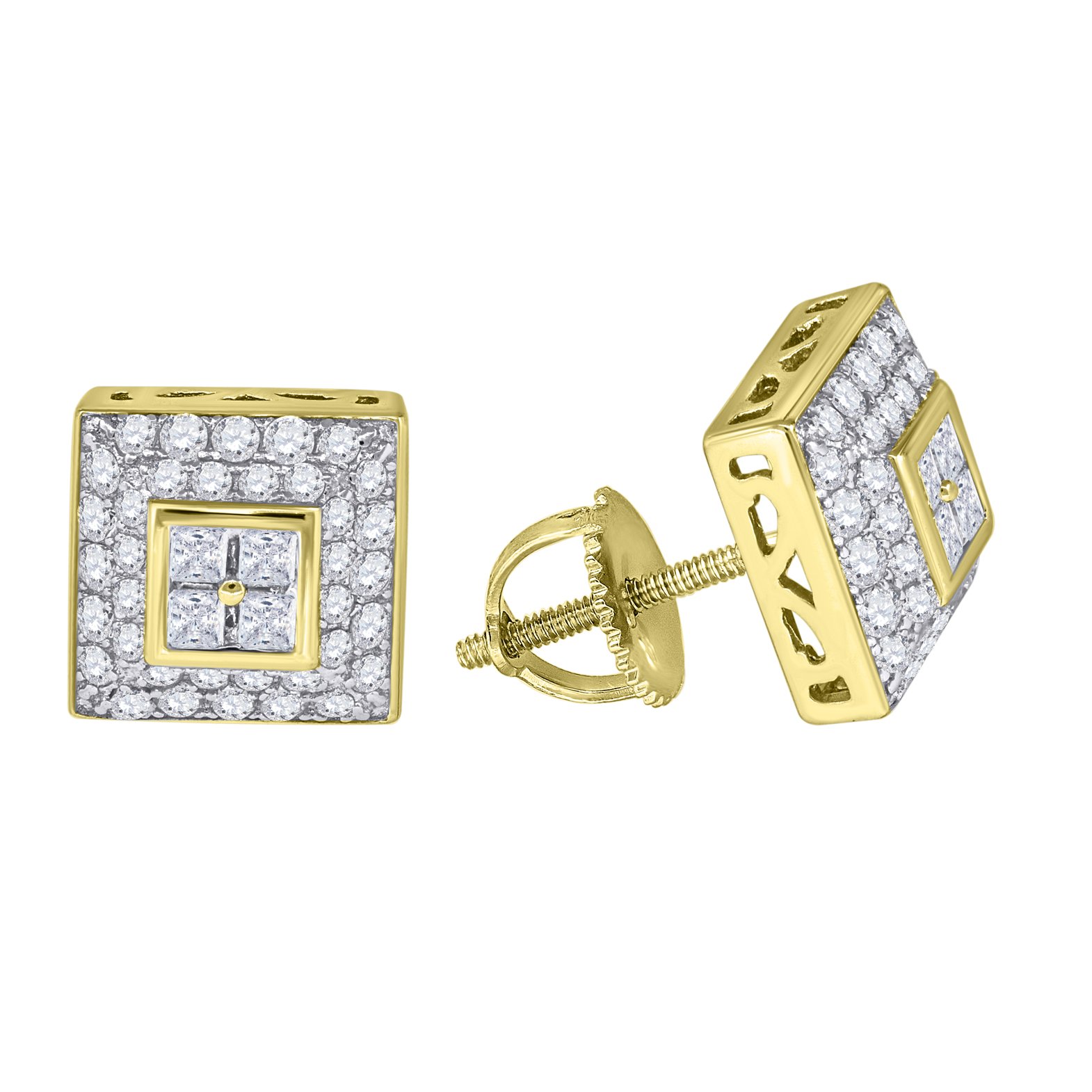 925 Sterling Silver Men's Yellow-Tone Cubic Zirconia CZ Princess Cut Square Stud Earrings for Gifts, Weddings & Everyday Wear