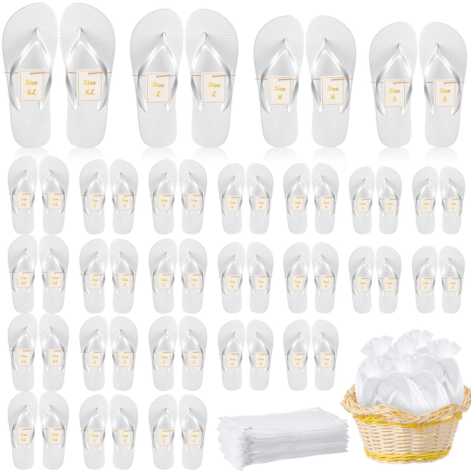 48 Pairs Bulk Flip Flops for Wedding Guests - Comfortable Hotel Slippers with Size Cards & Storage Bags - Perfect for Beach, Pool, Bridal Shower & Spa Parties