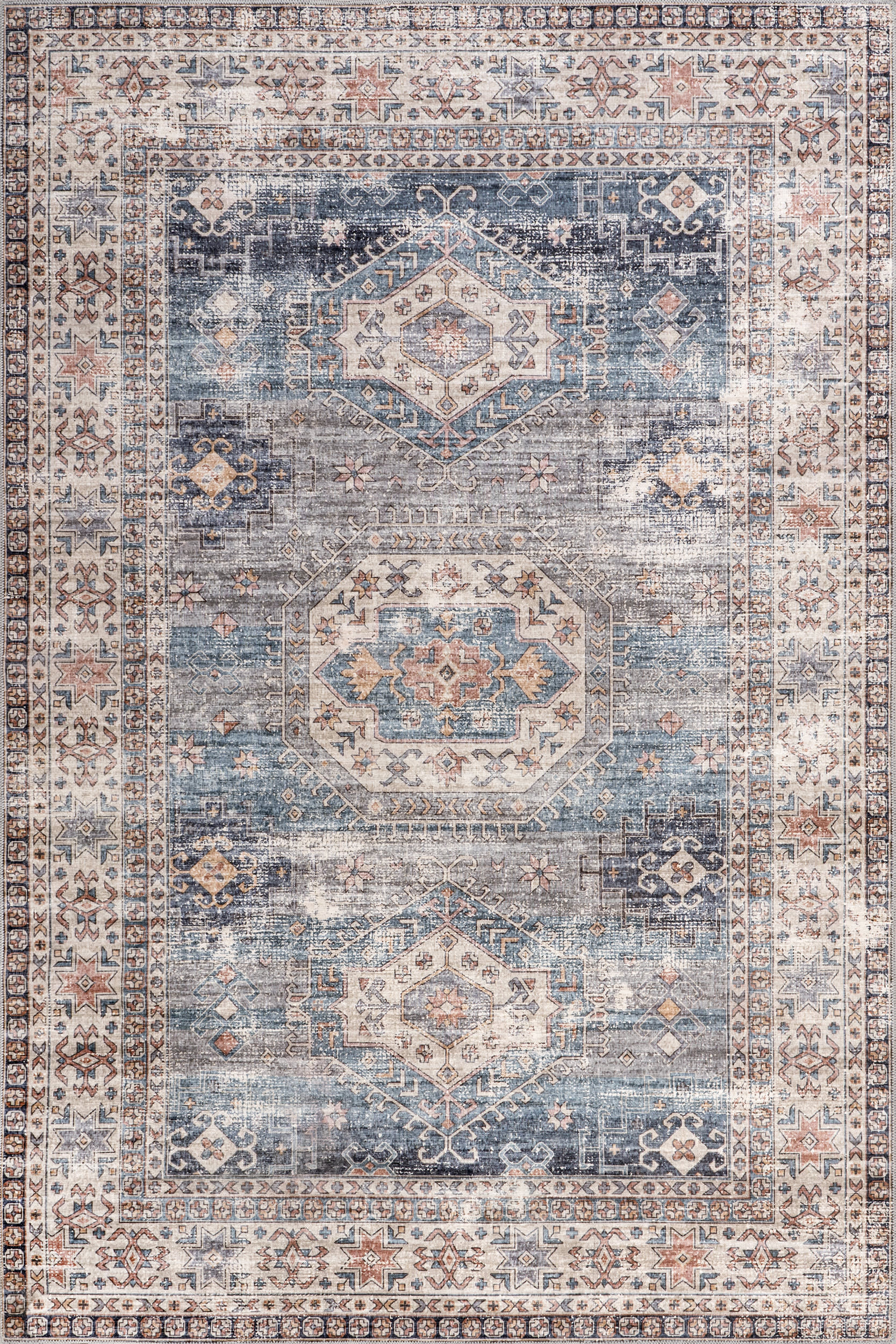 Allison Faded Spill Proof Washable Rug - Blue Non-Slip Area Rug for Living Room, Bedroom, Kitchen & High Traffic Areas