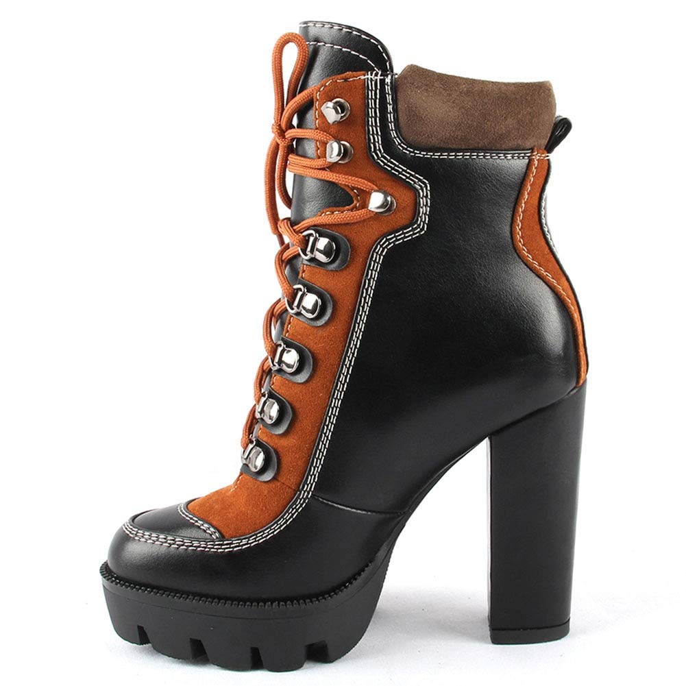 Women's Retro Chunky Heel Ankle Boots - Lace Up Round Toe Platform Boots with Patchwork Design for Casual Outfits & Fall Fashion