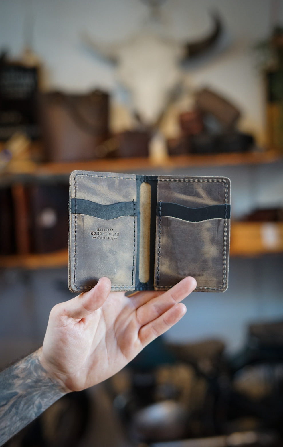 Mini Trucker Wallet for Men - Two Tone Sepia & Flat Black Slim RFID Blocking Bifold Wallet - Perfect for Travel, Daily Use & Minimalist Lifestyle