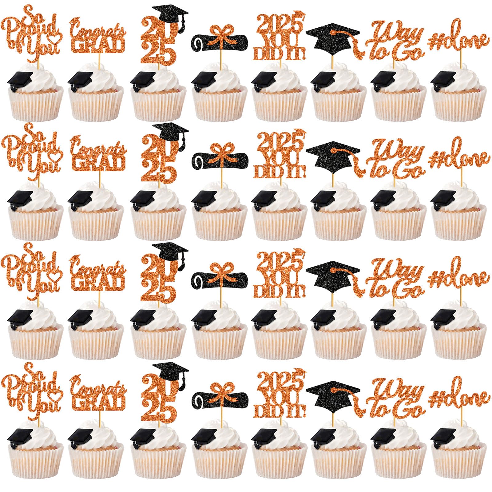 40Pcs Orange Graduation Cupcake Toppers 2025 - Class of 2025 Graduation Party Decorations with Hat Picks - Perfect for Graduation Cakes, Desserts, and Celebration Parties