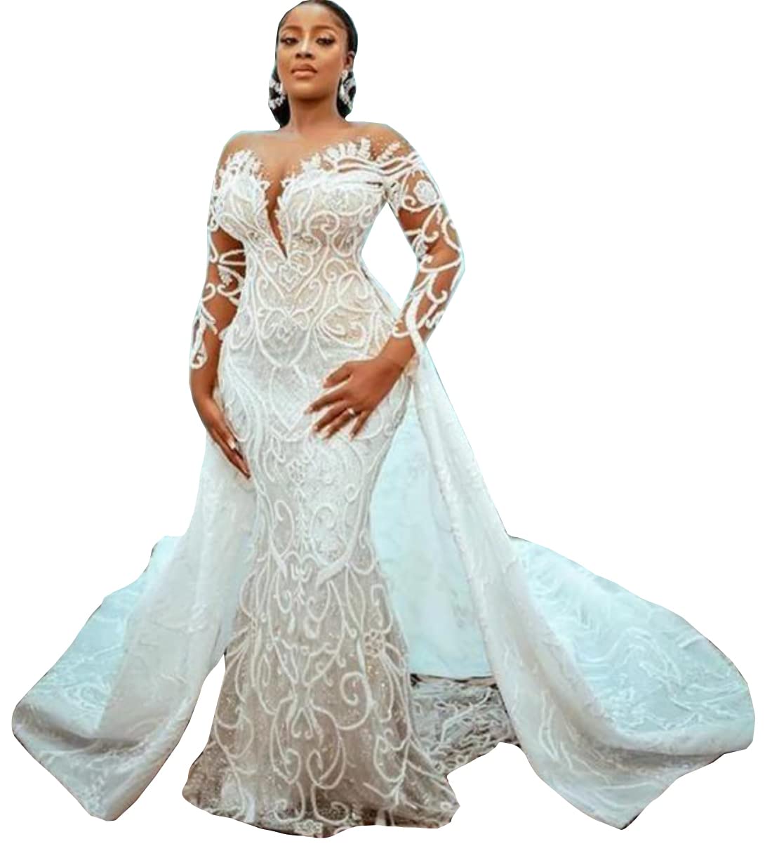 Plus Size Illusion Lace Mermaid Wedding Dress with Detachable Train – Elegant Long Sleeve Bridal Gown for Curvy Brides | Perfect for Church, Beach & Ballroom Weddings