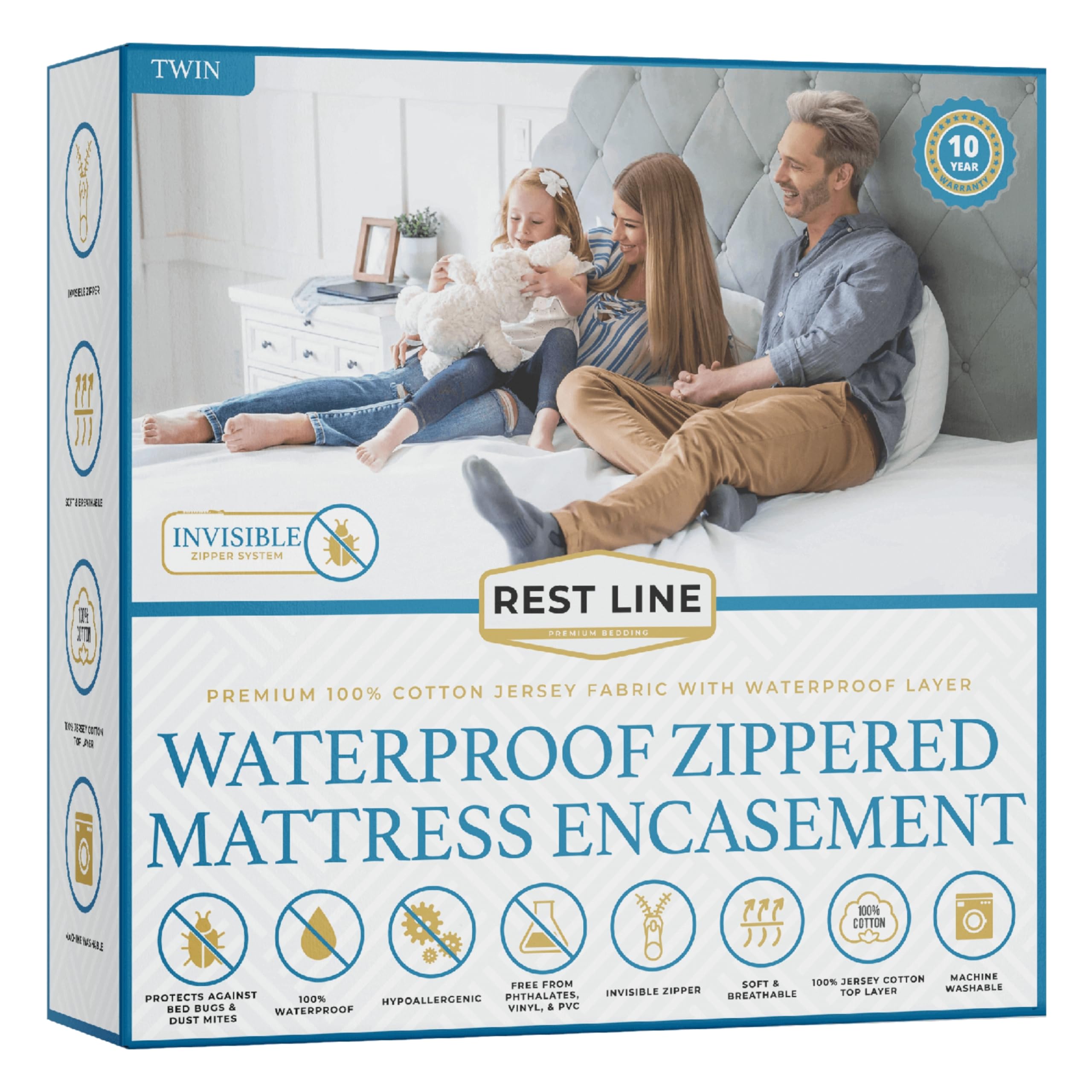 Rest Line Premium Waterproof Zippered Mattress Encasement - Twin Size 39x75 Inches, 100% Cotton Hypoallergenic Bed Bug Proof Mattress Cover with Invisible Zipper, Soft & Breathable for Beds up to 15